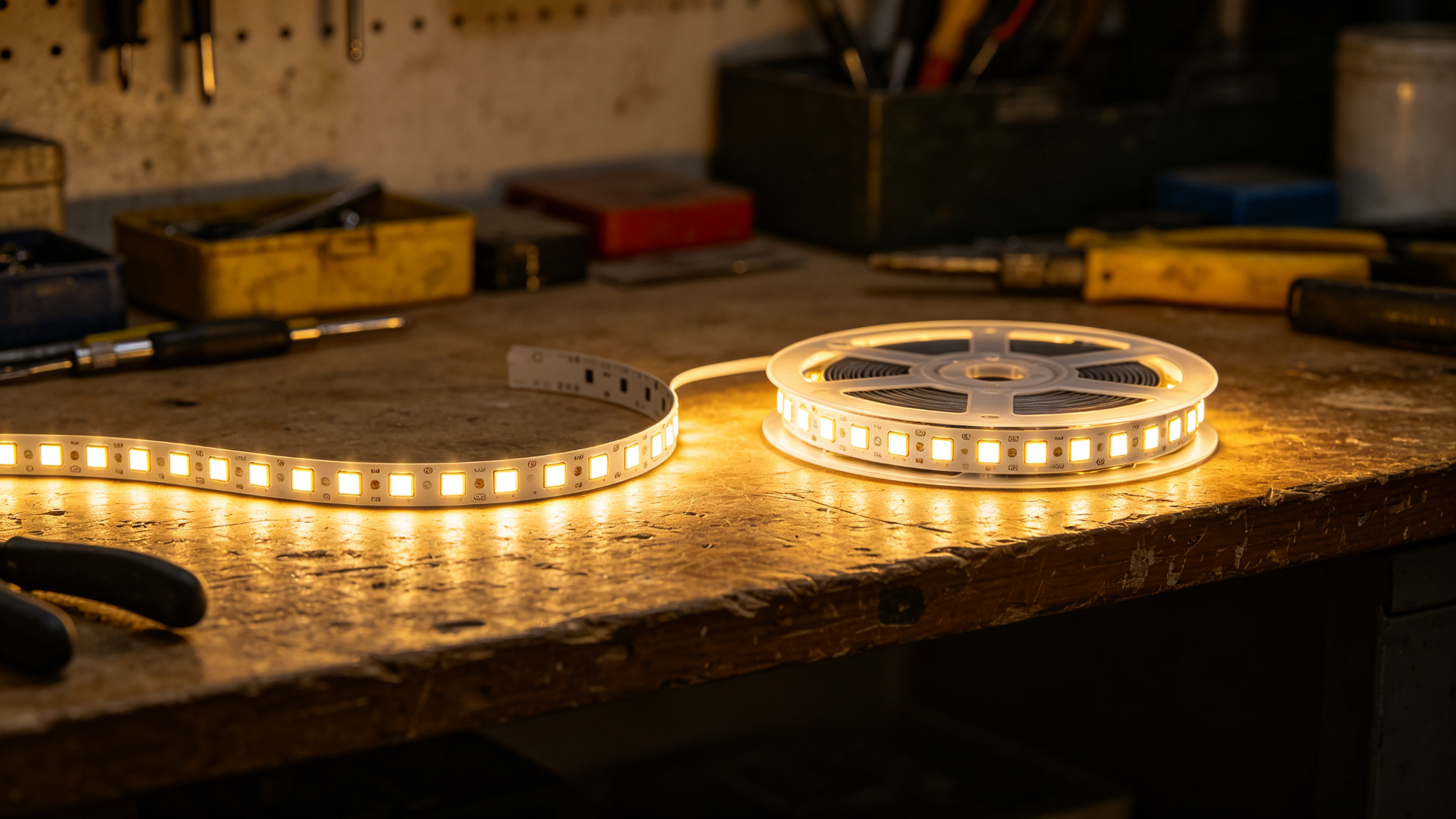 Workbench comparison of a smooth continuous COB strip beside a dotted SMD strip