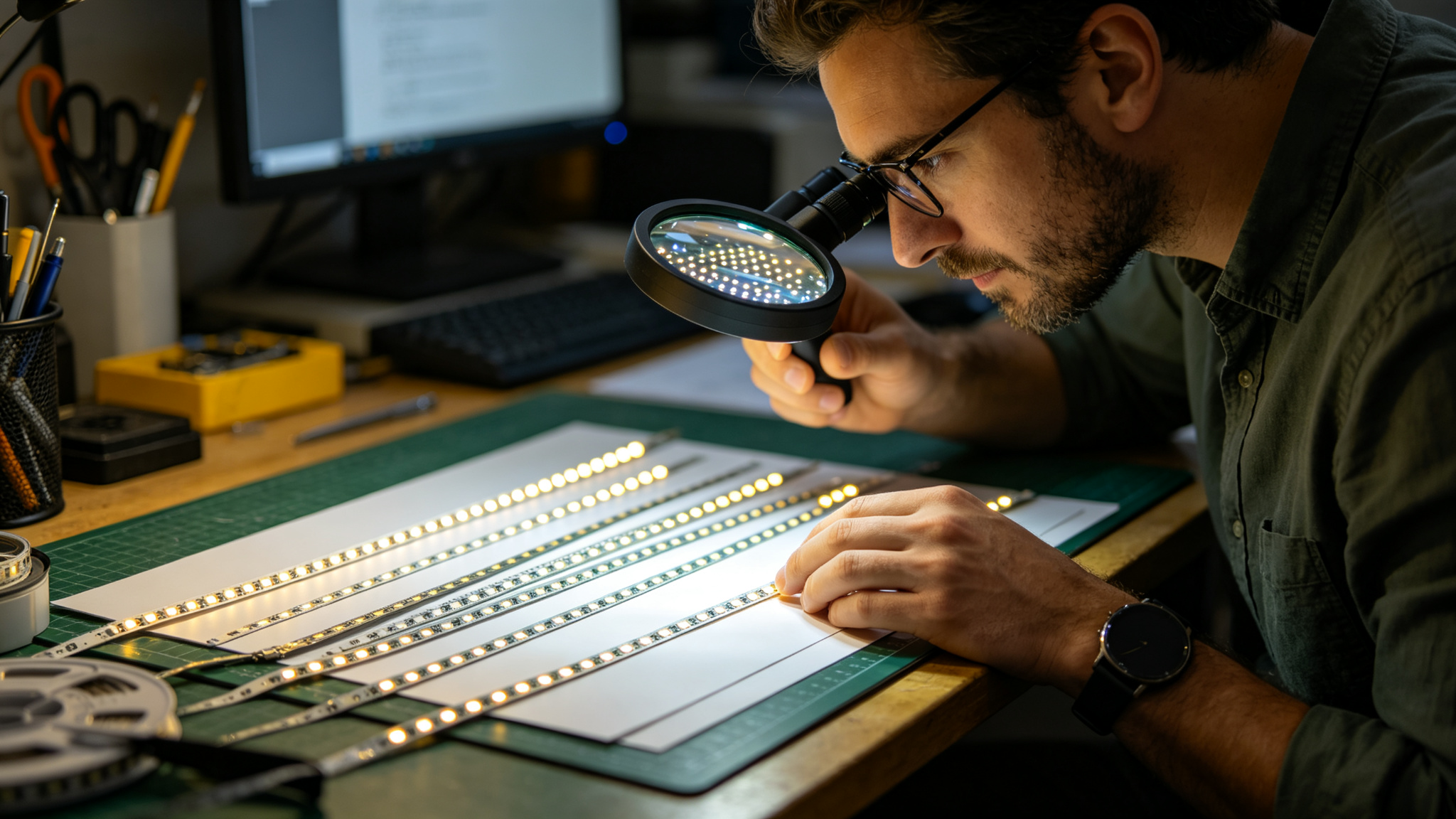 Designer comparing LED strip samples under magnification on a bench