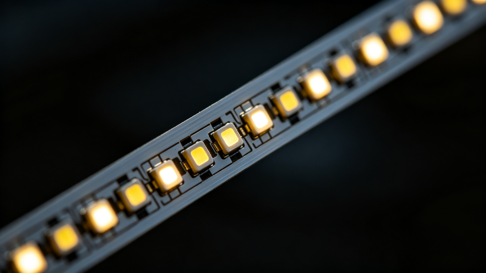 Macro close-up of a low-density SMD LED strip showing distinct glowing dots and gaps