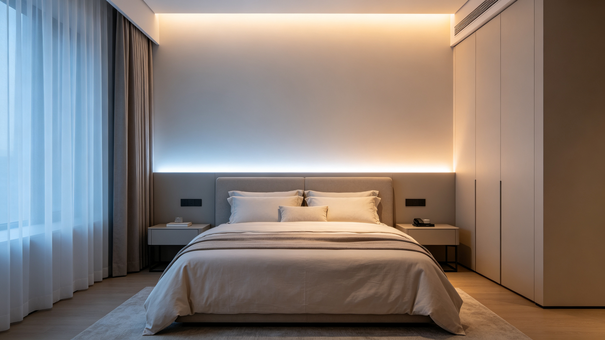 Elegant bedroom with tunable LED strip behind the headboard and cove