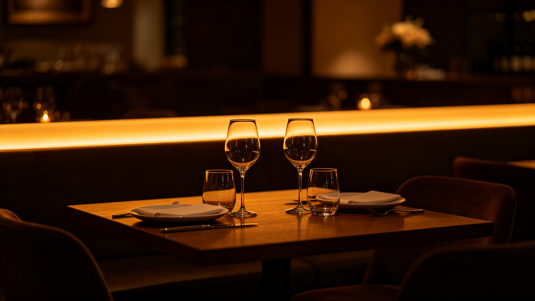 Romantic restaurant table lit by very dim candle-like amber LED strip at 1800K