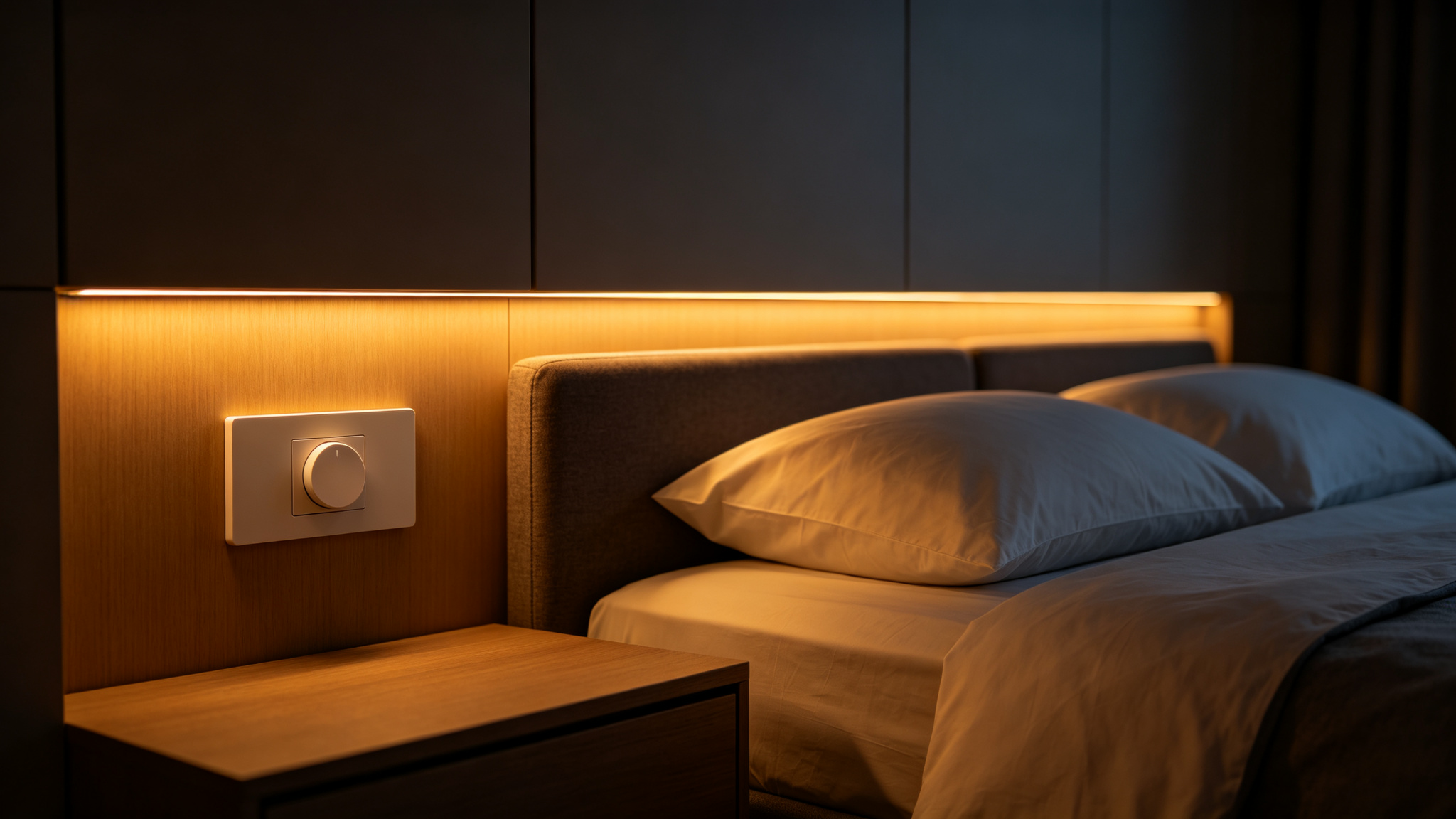 Bedside knob dimmer next to a modern bed lit by dim warm LED strip