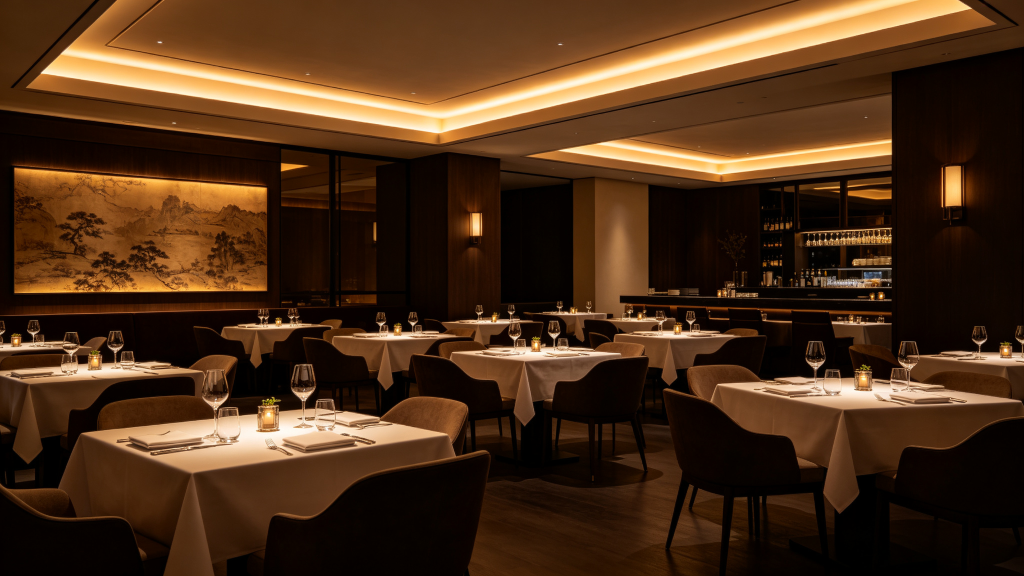 Upscale restaurant interior with warm dimmed LED cove lighting at dinner
