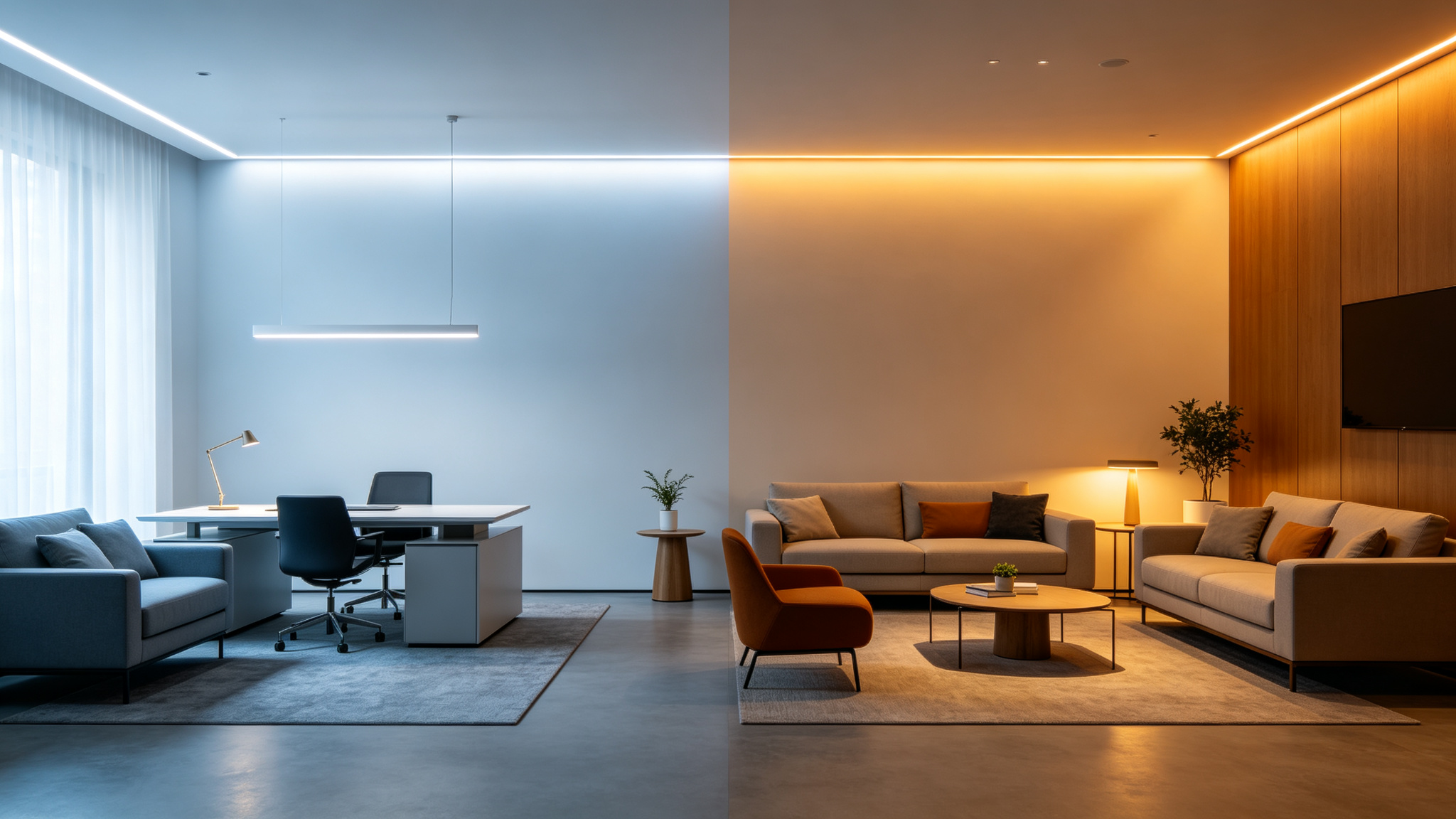 Split room, left cool daylight white right warm amber under LED strip