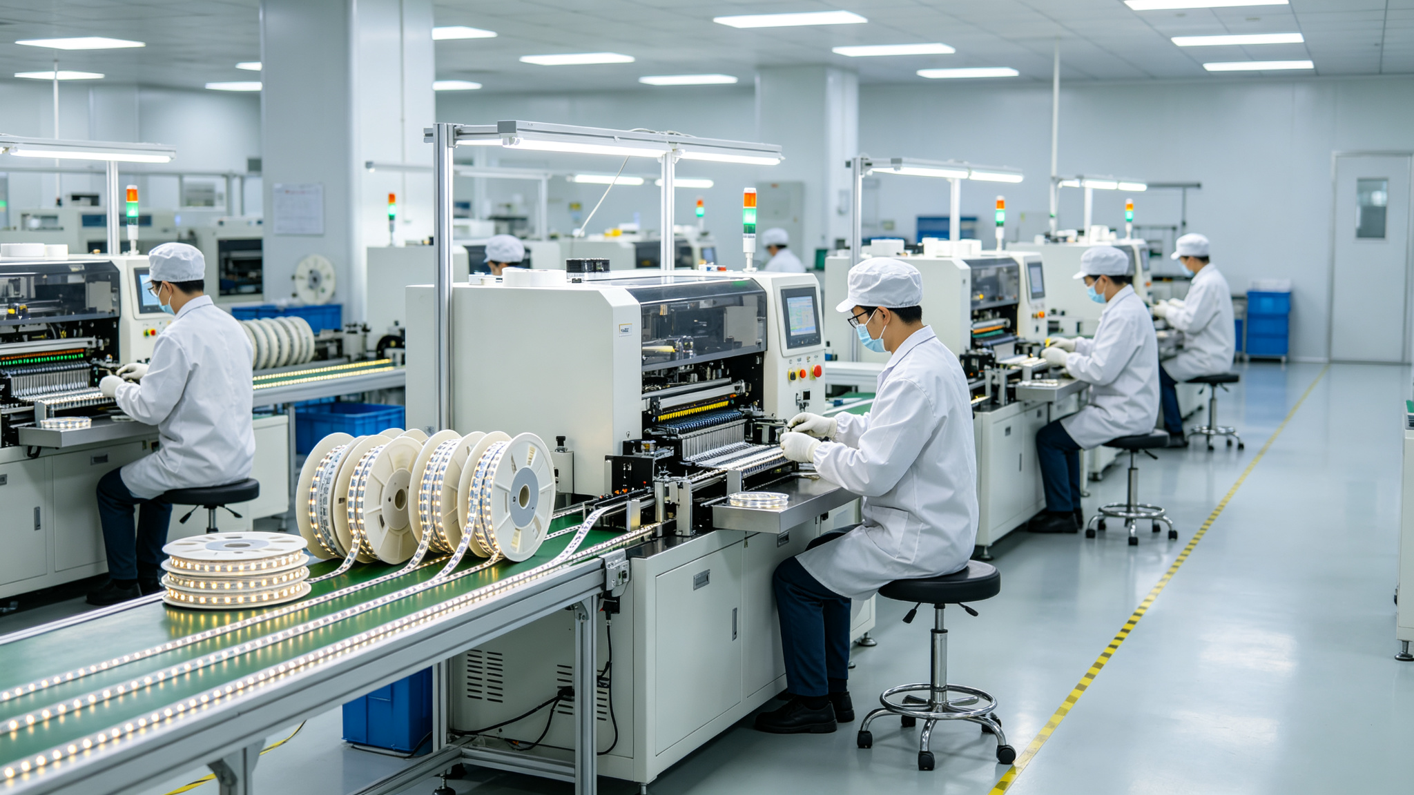 Clean LED strip manufacturing production line with workers and SMT machines