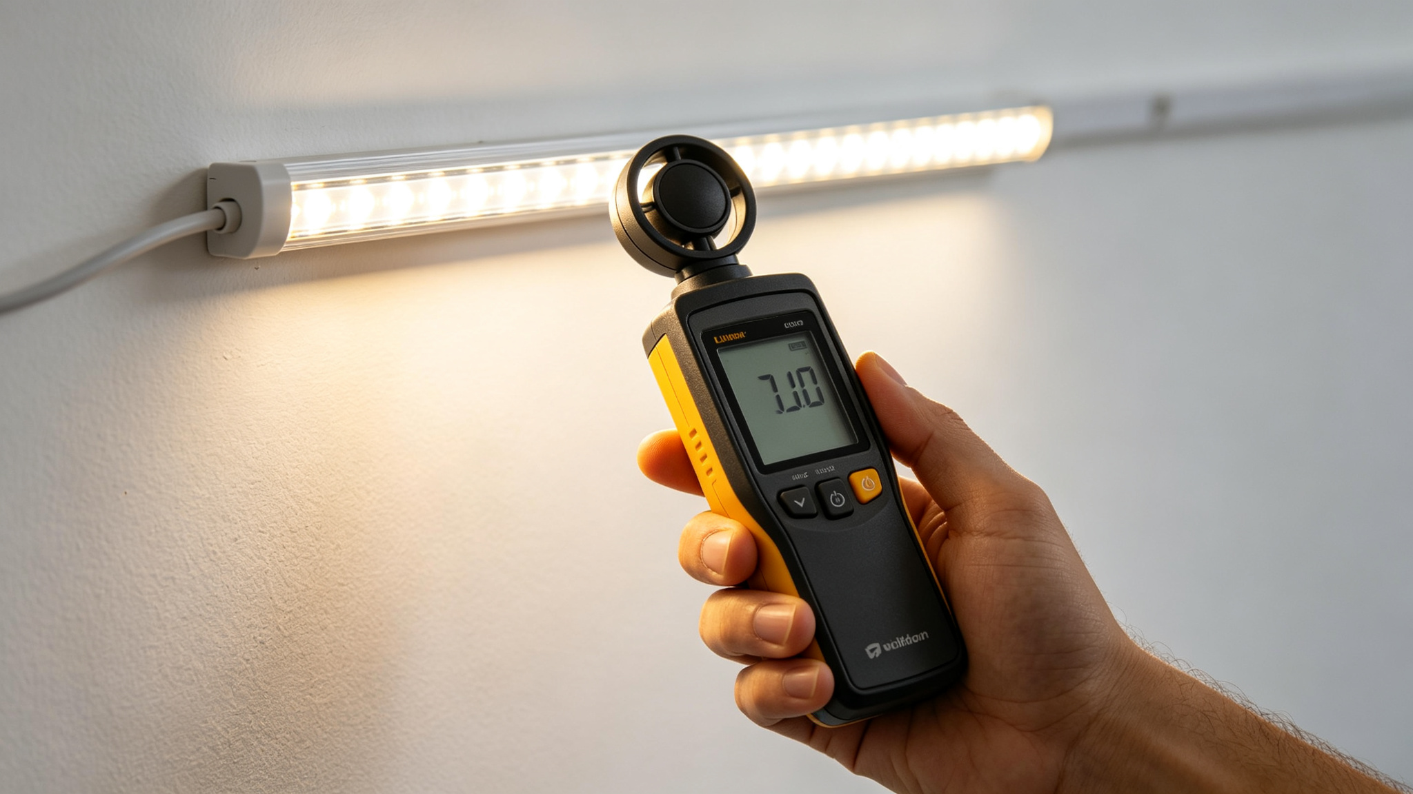 Handheld lux meter measuring light output of an LED strip on a wall