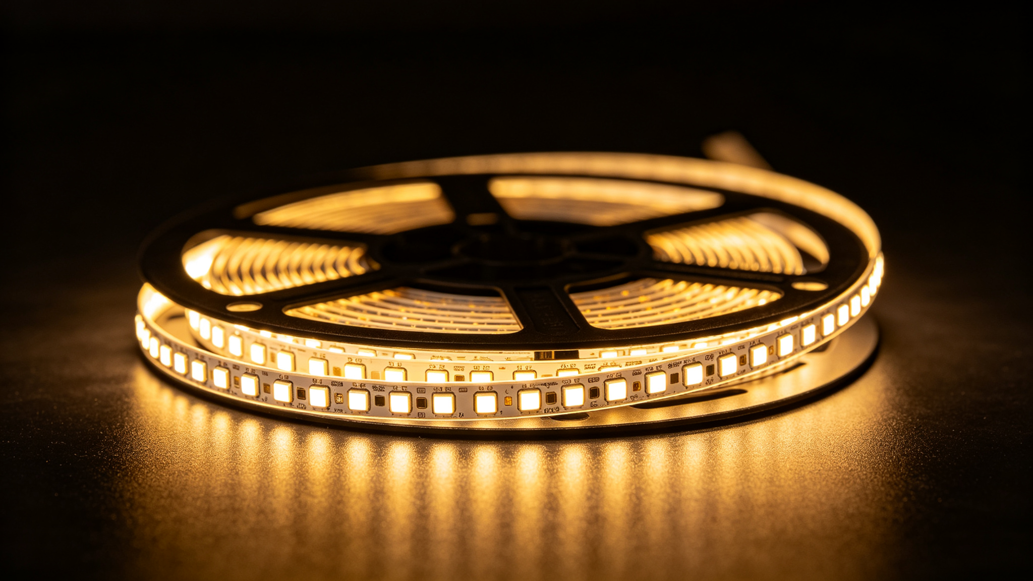 Slim high-density LED strip reel glowing intensely on a dark surface