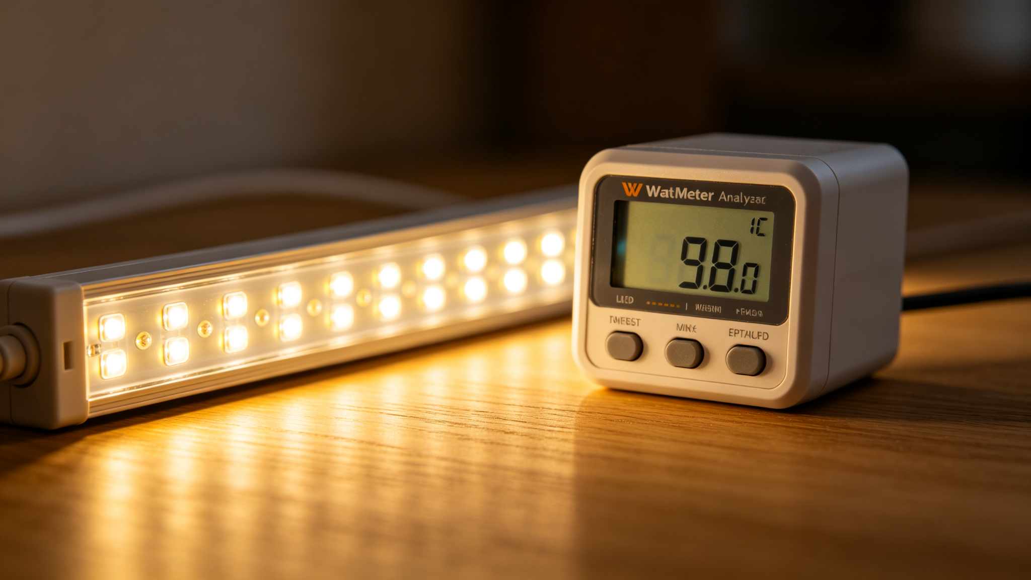 Digital wattmeter showing low power draw beside a glowing LED strip