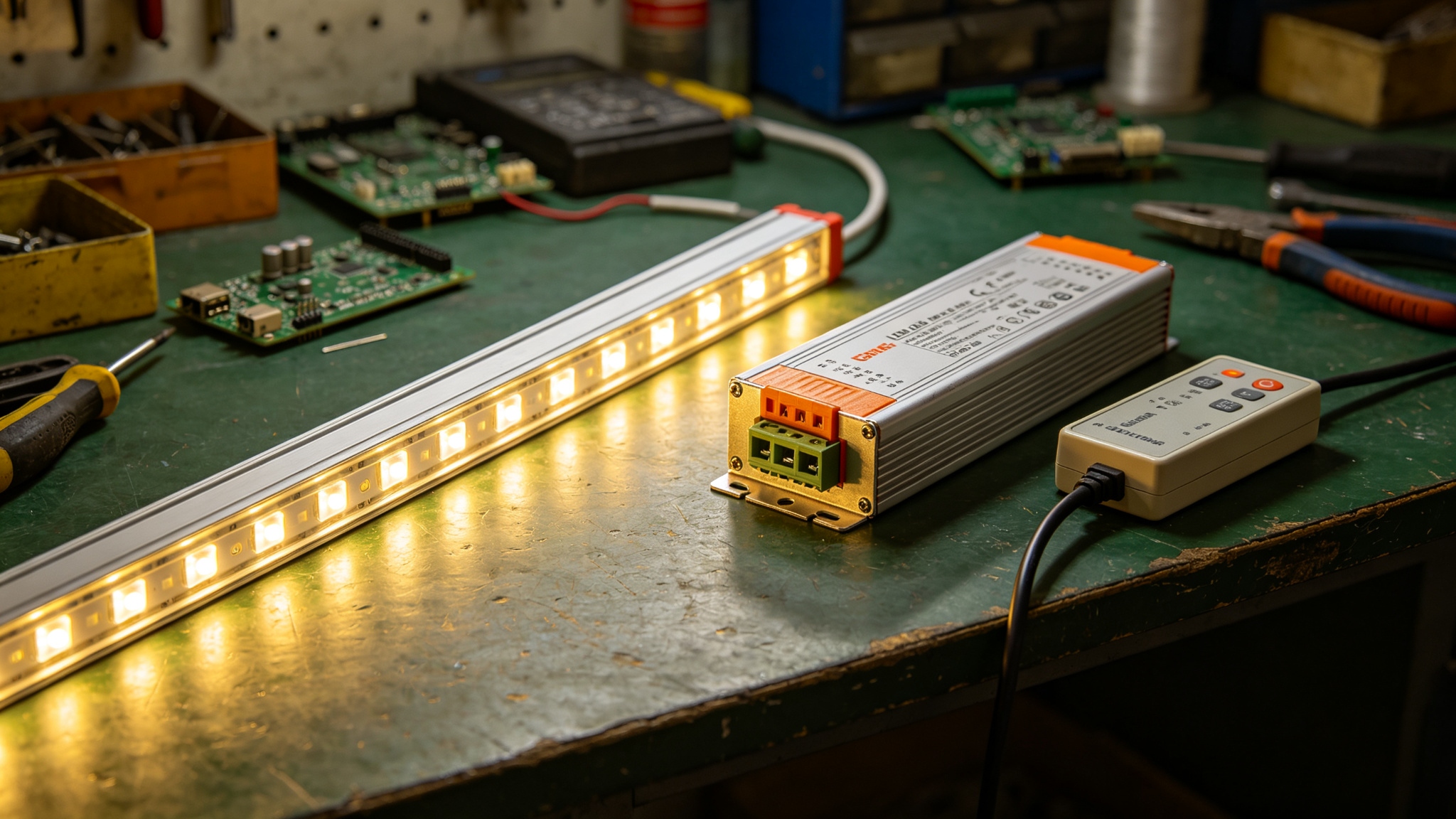LED driver and dimmable controller beside a glowing LED strip on a workshop bench