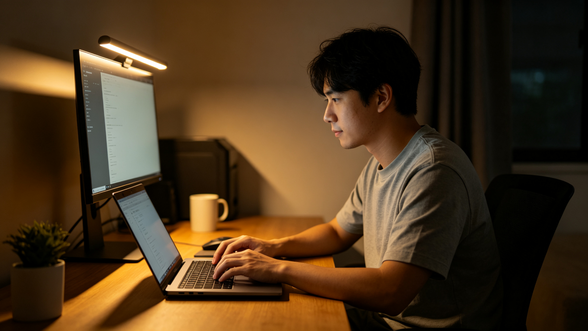 Person working at a laptop in a home office lit by warm LED strip under the monitor