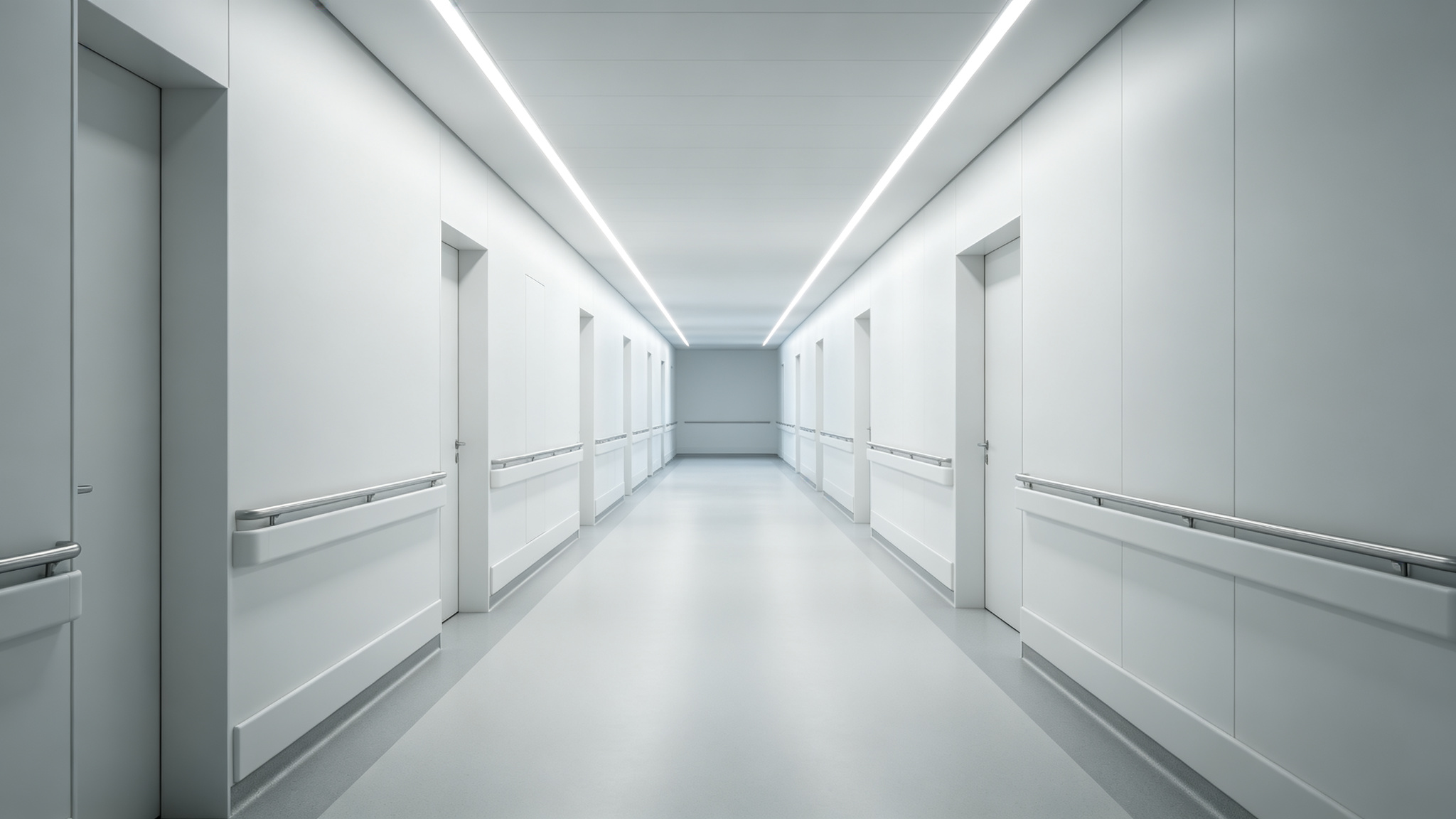 Calm modern hospital corridor with soft even LED strip lighting