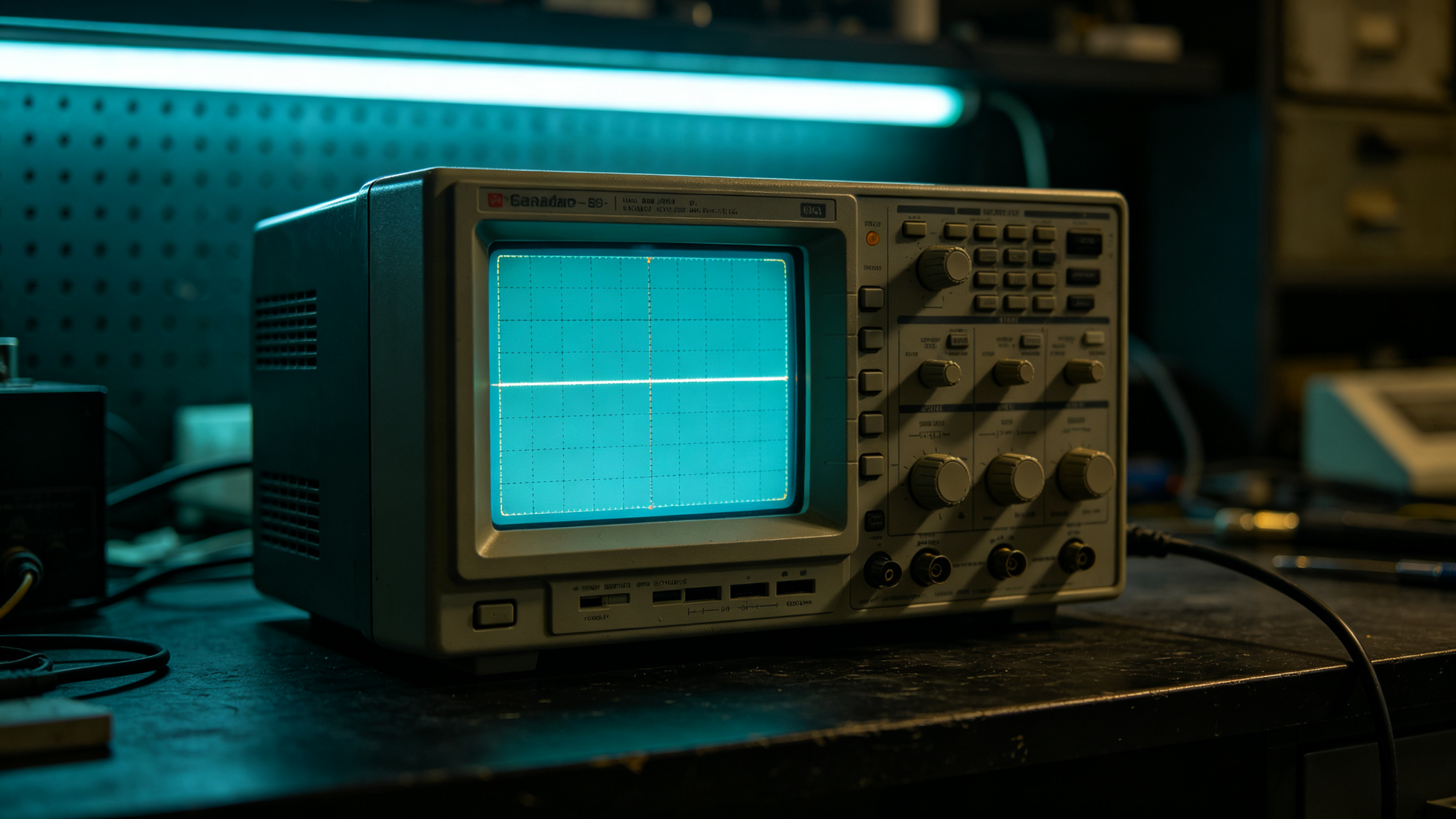 Oscilloscope showing a smooth flat DC waveform beside a glowing LED strip on a bench