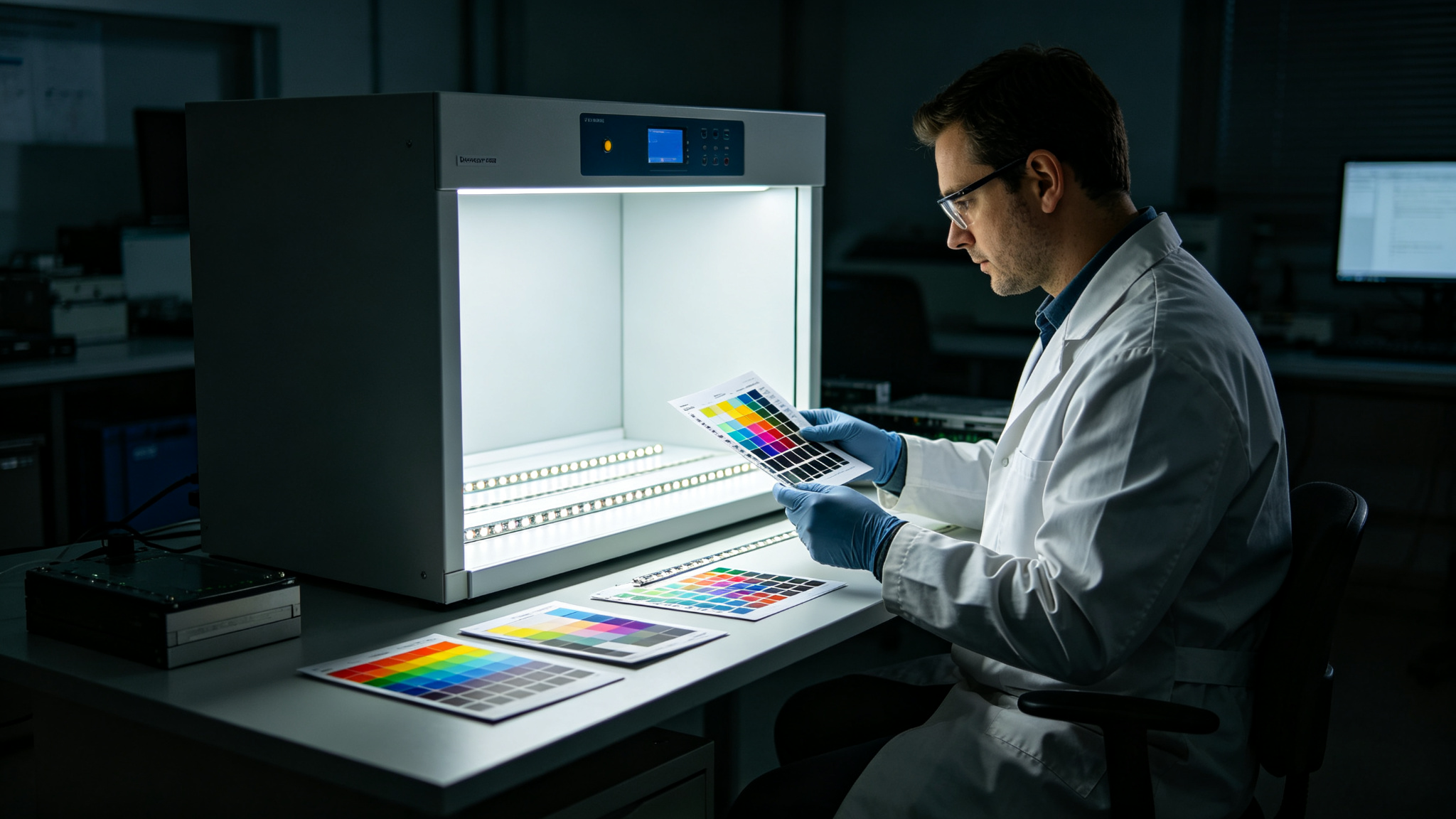 QC worker comparing LED strip samples under a calibrated light booth with colour checker