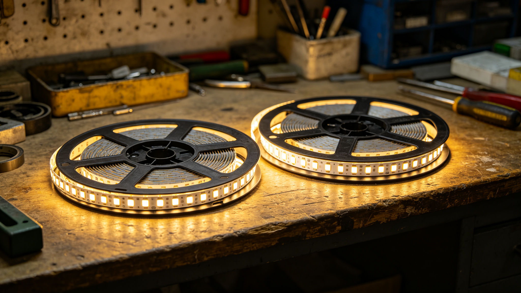 Two reels of lit LED strip side by side on a workshop bench, same colour temperature