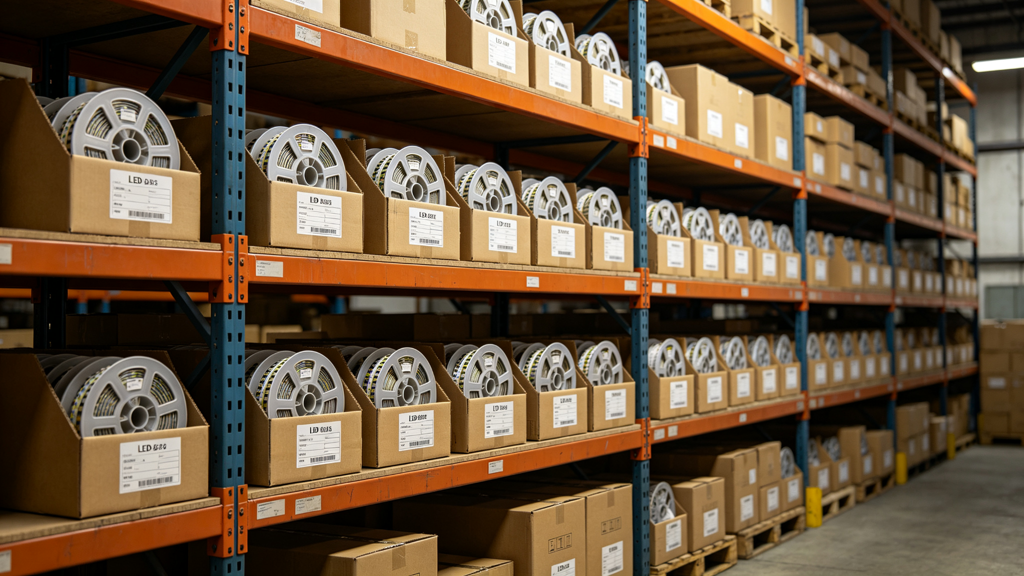 Warehouse shelves stacked with labelled LED strip reels in cartons