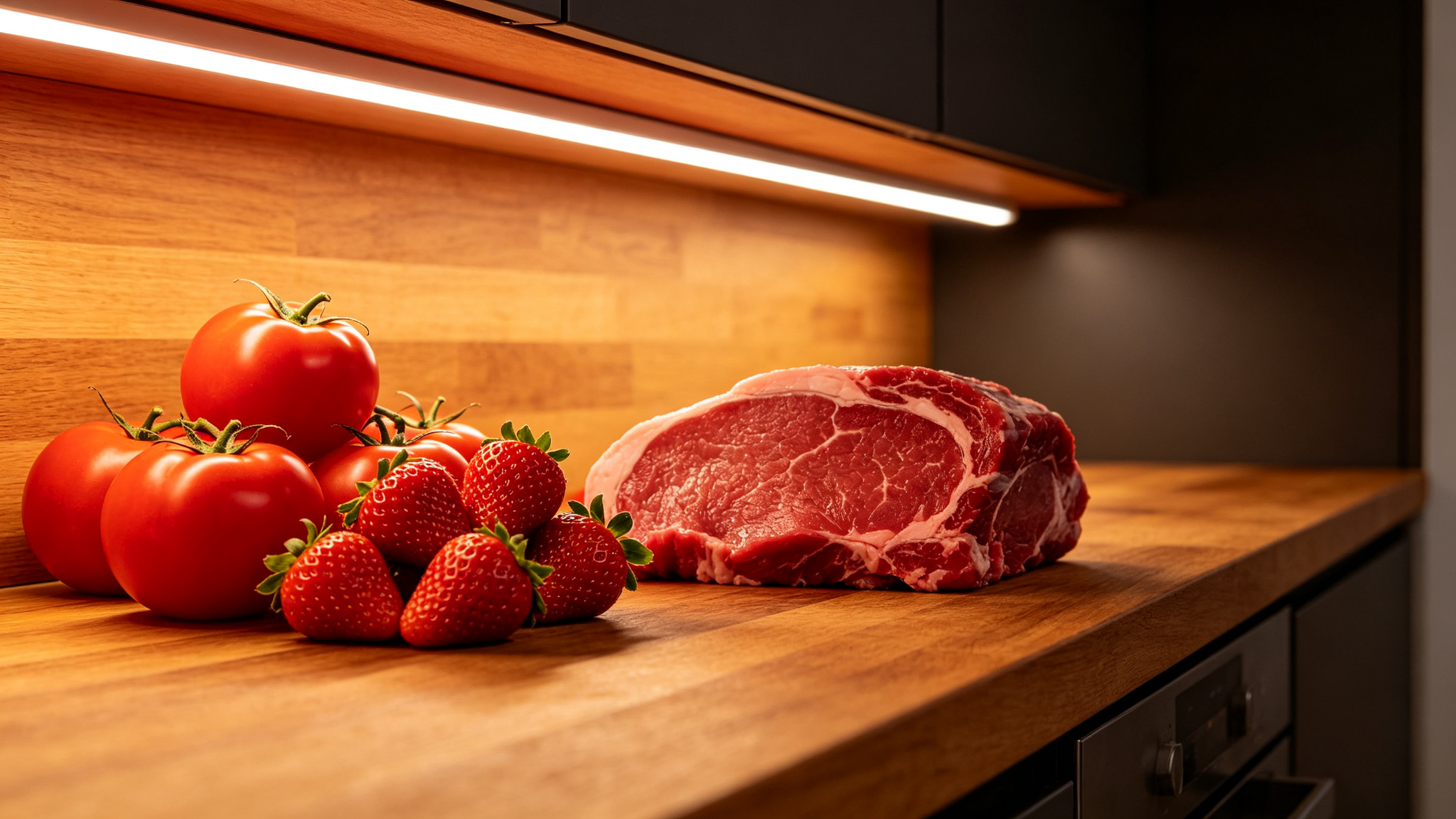 Fresh strawberries and red meat looking vivid under under-cabinet LED strip lighting