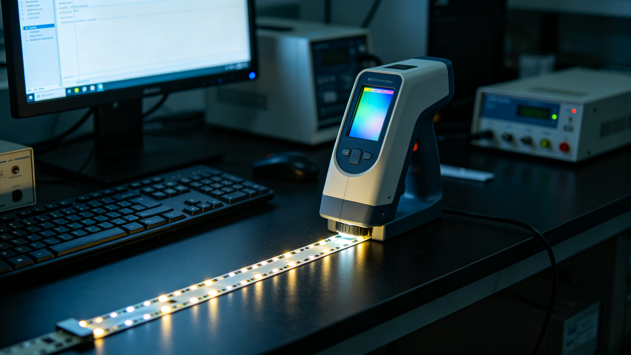 Spectrometer measuring colour quality of an LED strip sample on a dark lab bench