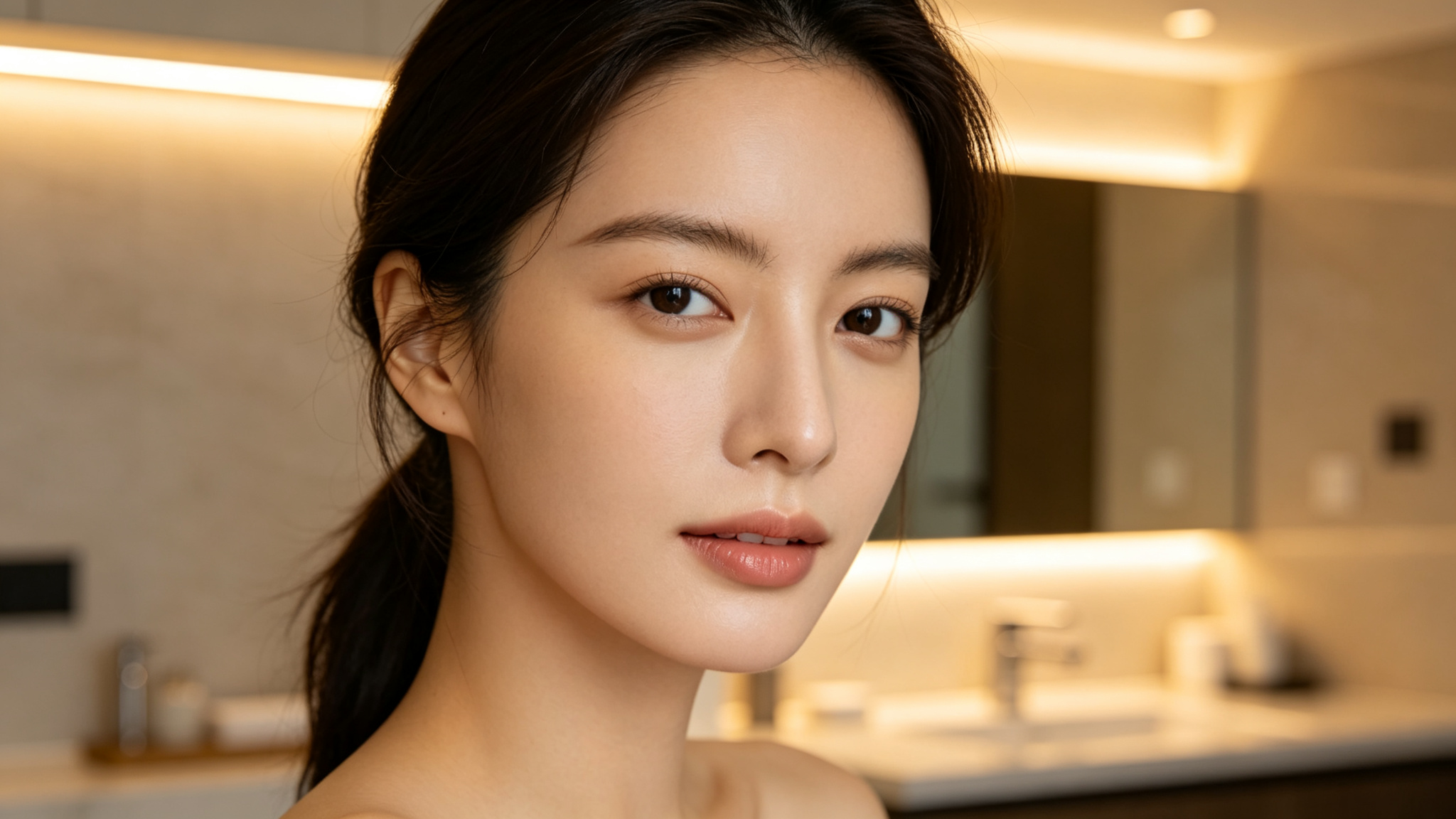 Woman with healthy natural skin tones under high-CRI LED strip in a bathroom vanity