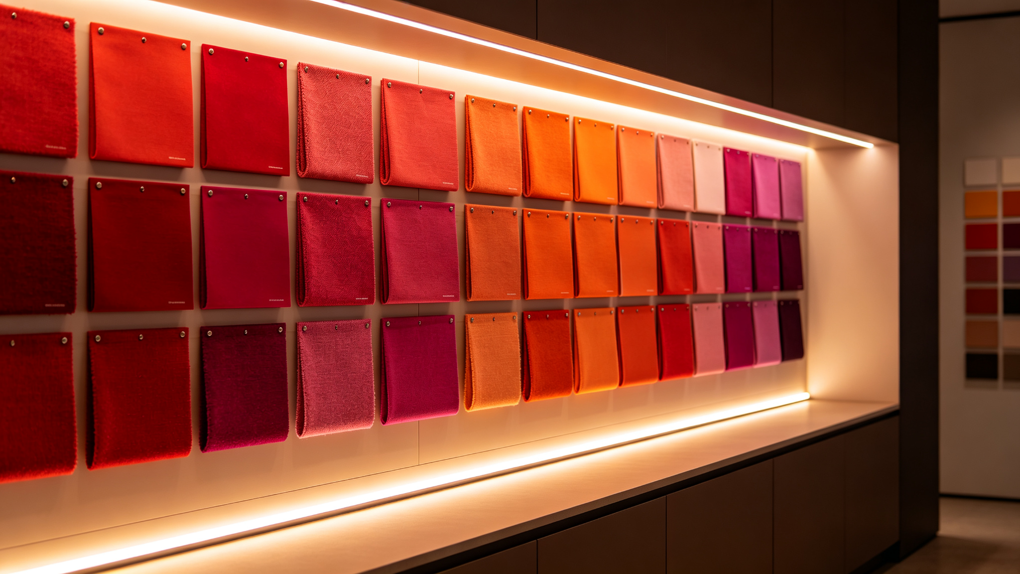 Wall of red and orange fabric swatches lit evenly by a linear LED strip test bench