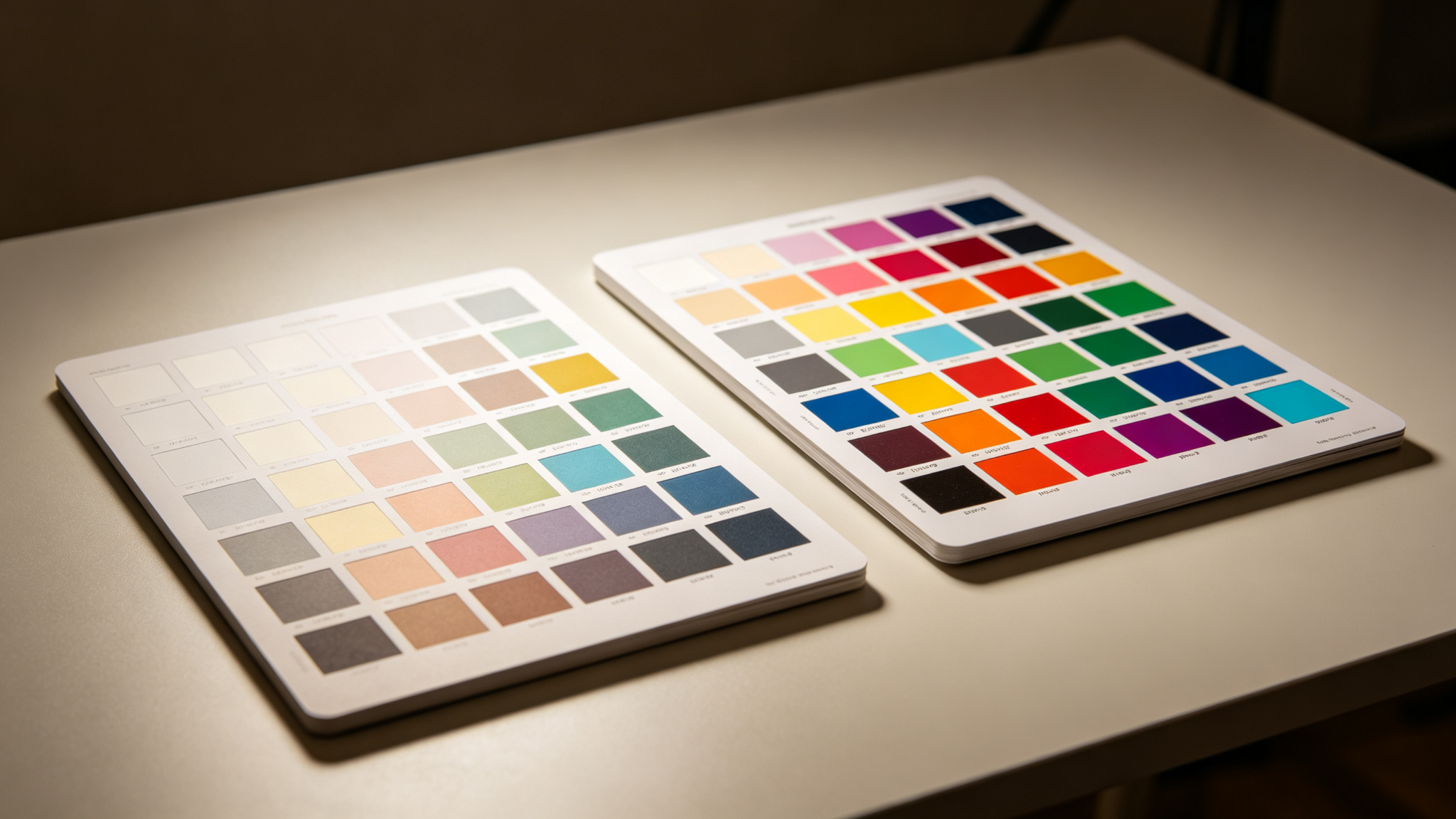 Two colour charts on a studio table, one washed out one vivid accurate