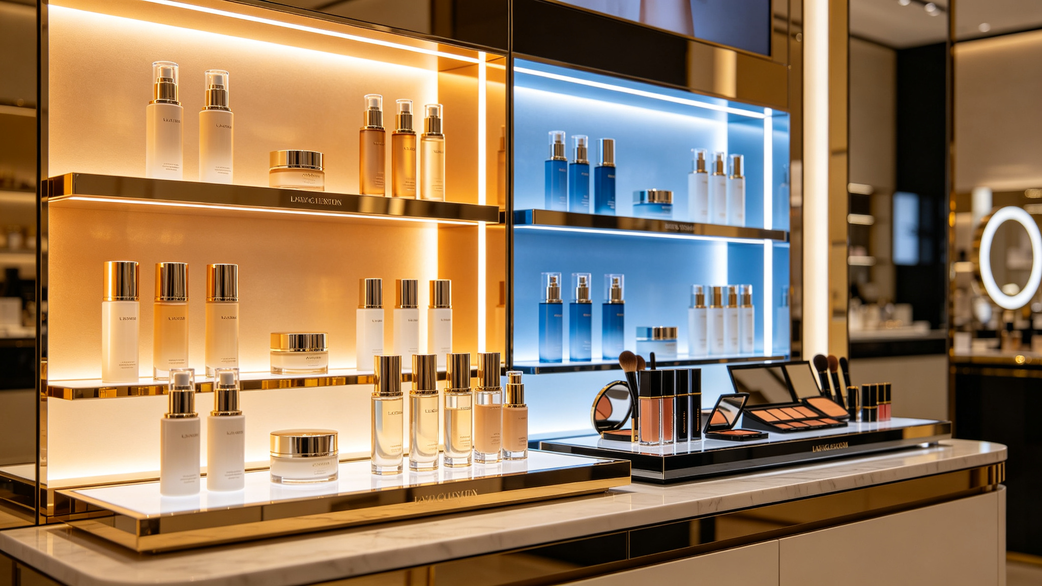 Cosmetics retail display split between warm and cool LED-lit zones