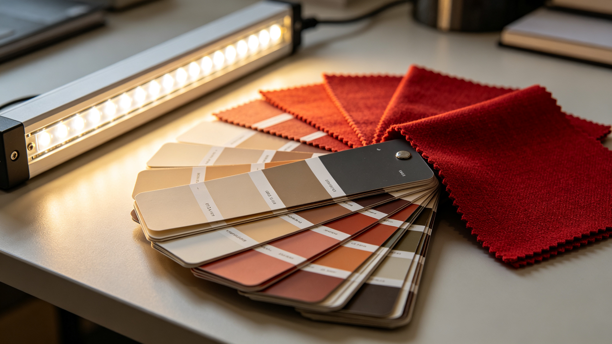 Paint colour fan deck and red fabric swatches beside a lit LED strip sample