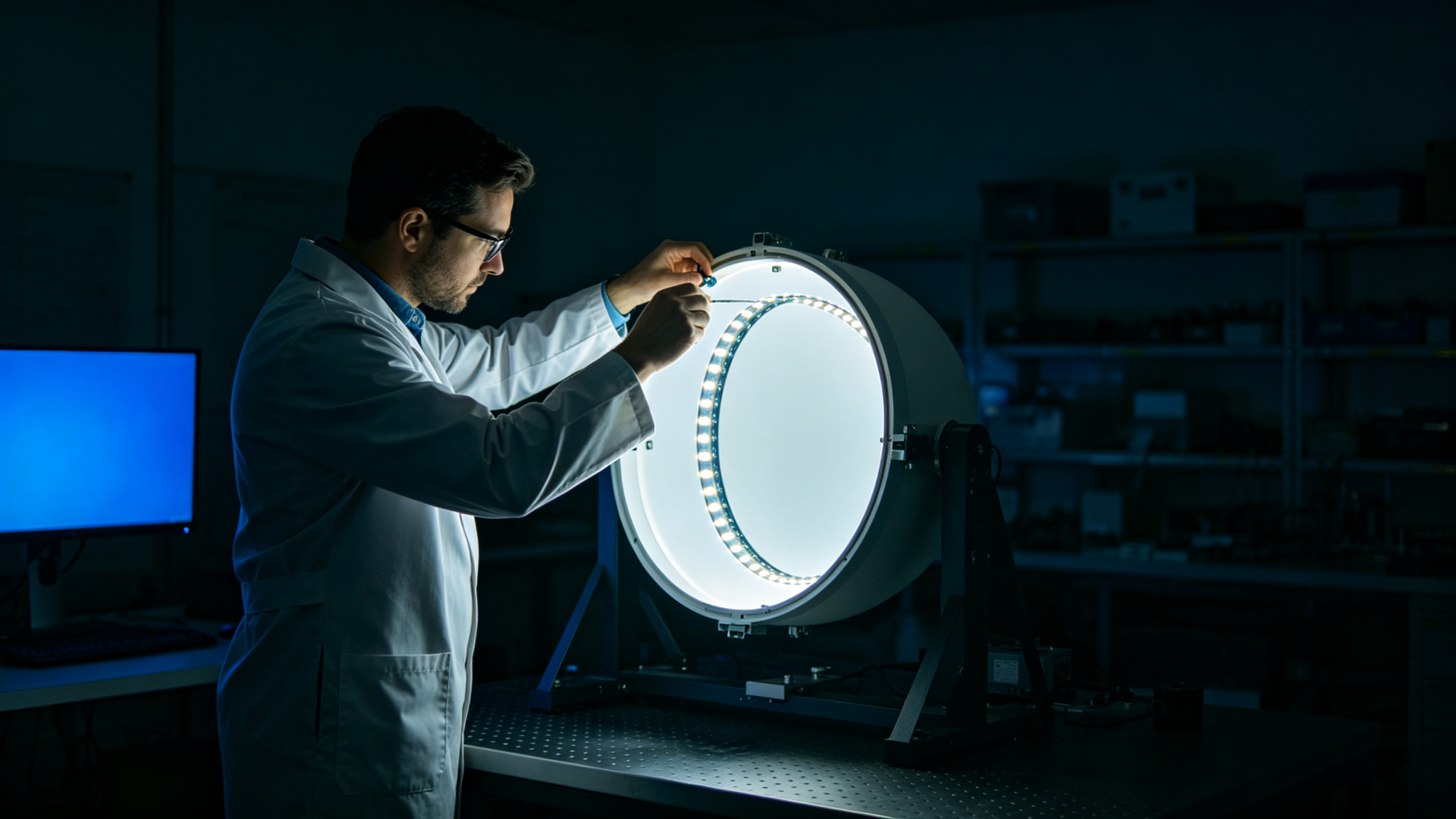 Lighting engineer adjusting an integrating sphere in a dark QC lab