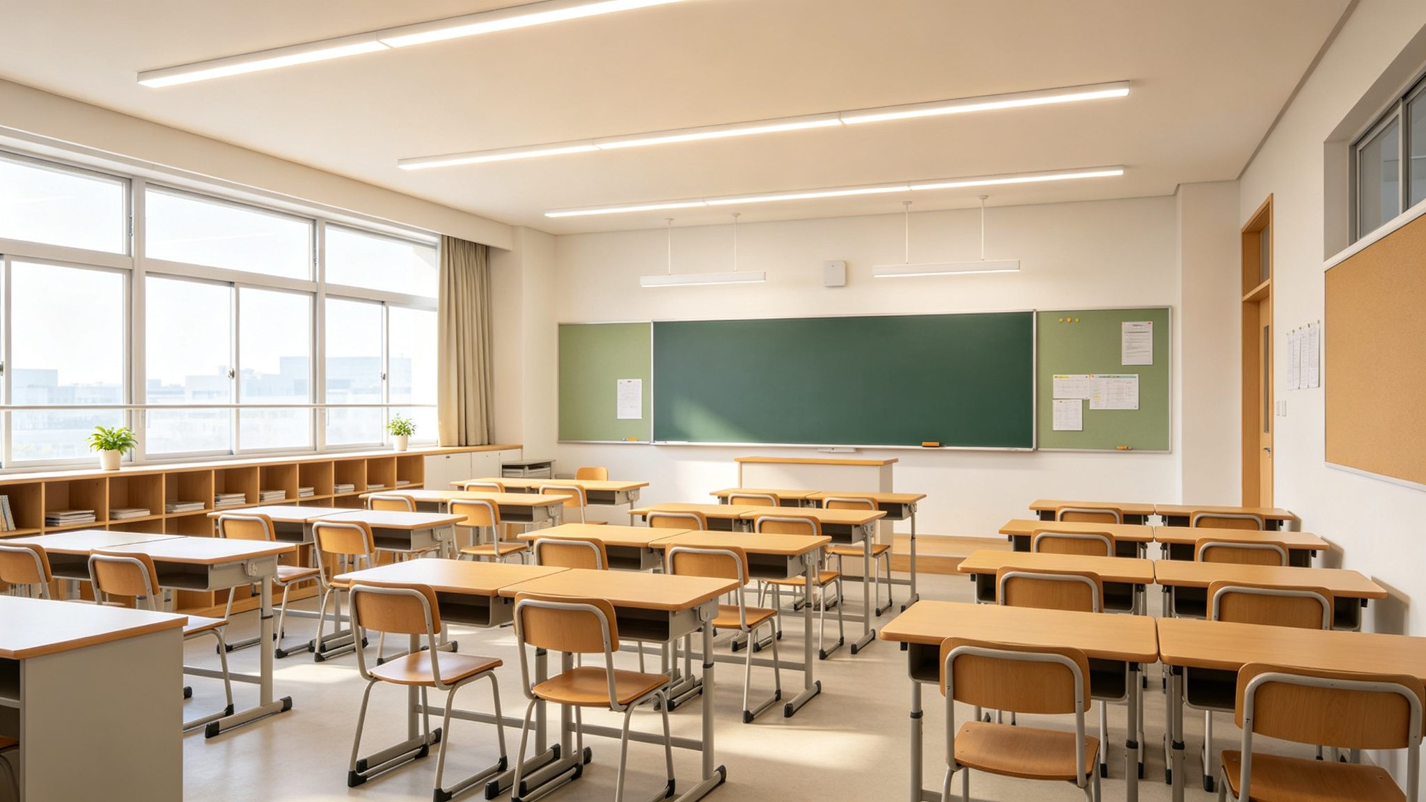Bright but comfortable modern classroom with low-glare diffused LED lighting