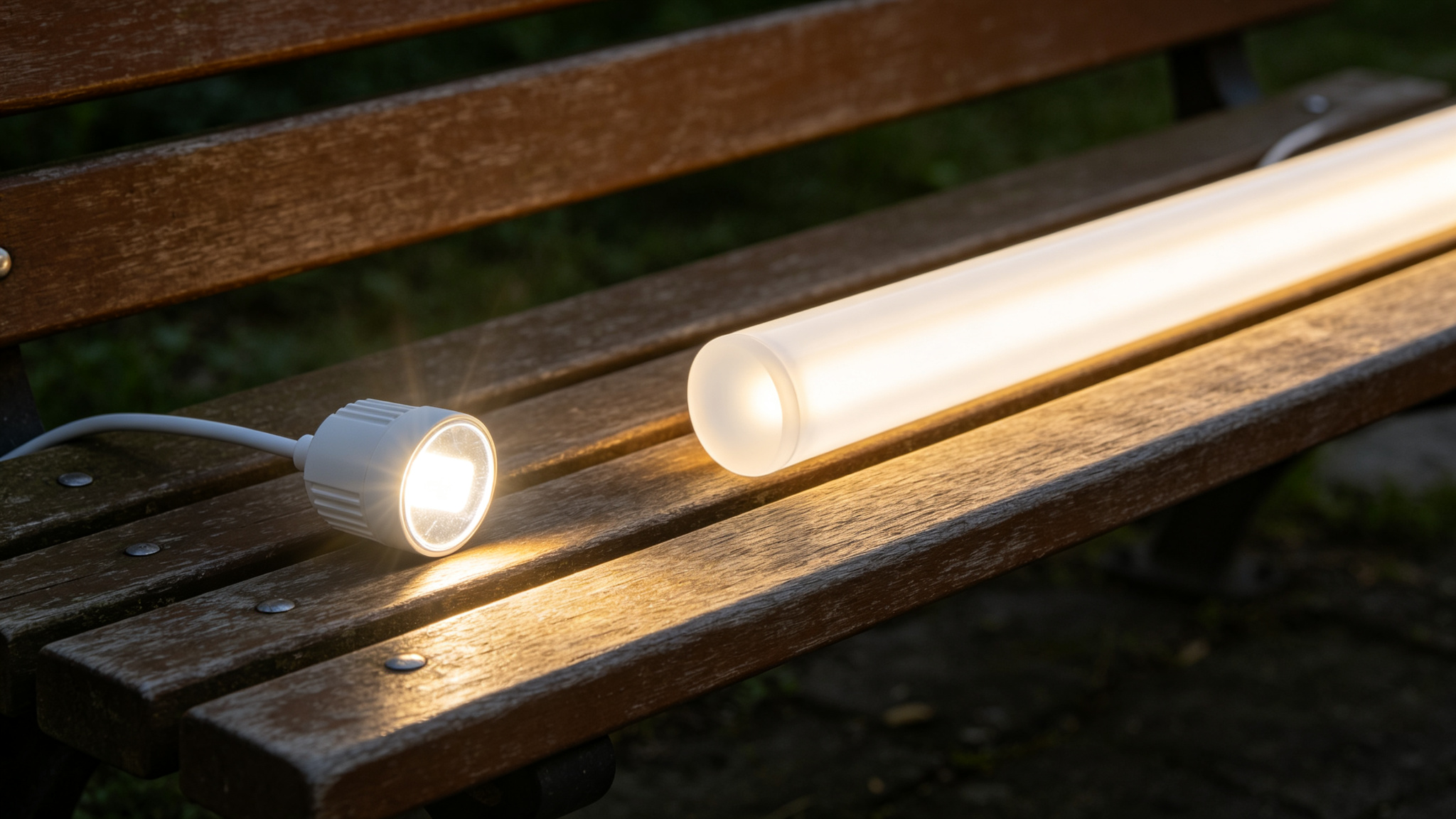 Workbench comparison of a harsh bare point LED next to a soft diffused frosted neon tube