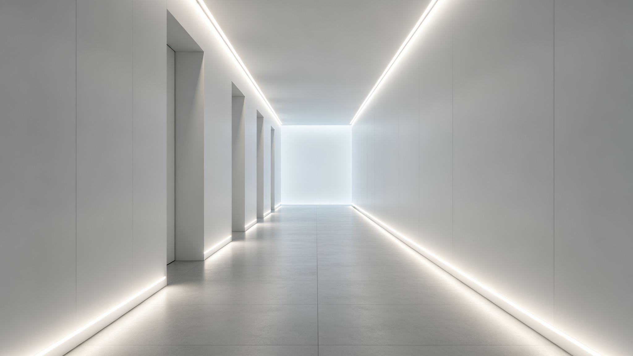 Modern corridor with a soft diffused anti-glare neon strip along the wall