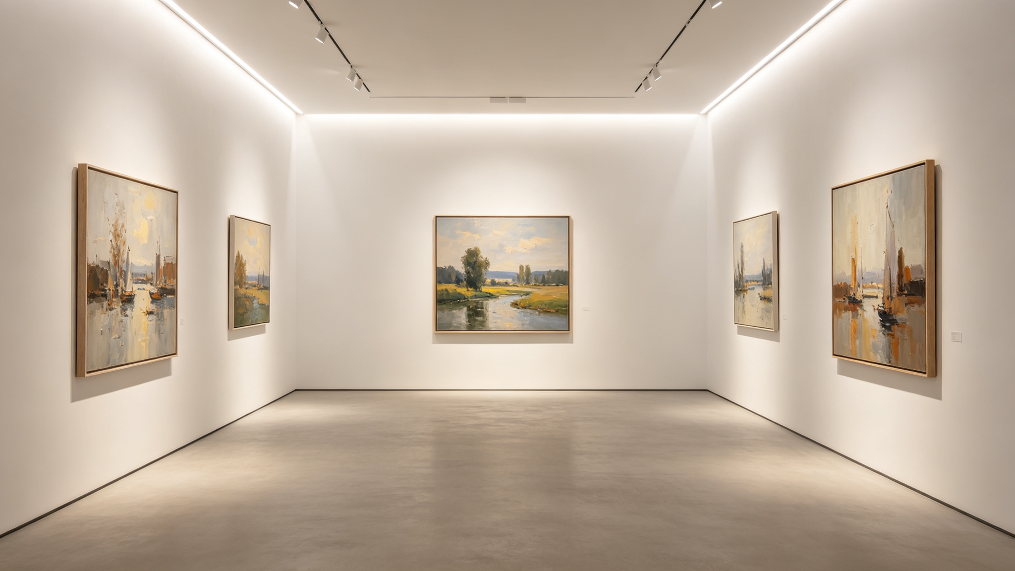 Contemporary art gallery with soft uniform wall-wash lighting and no glare on paintings