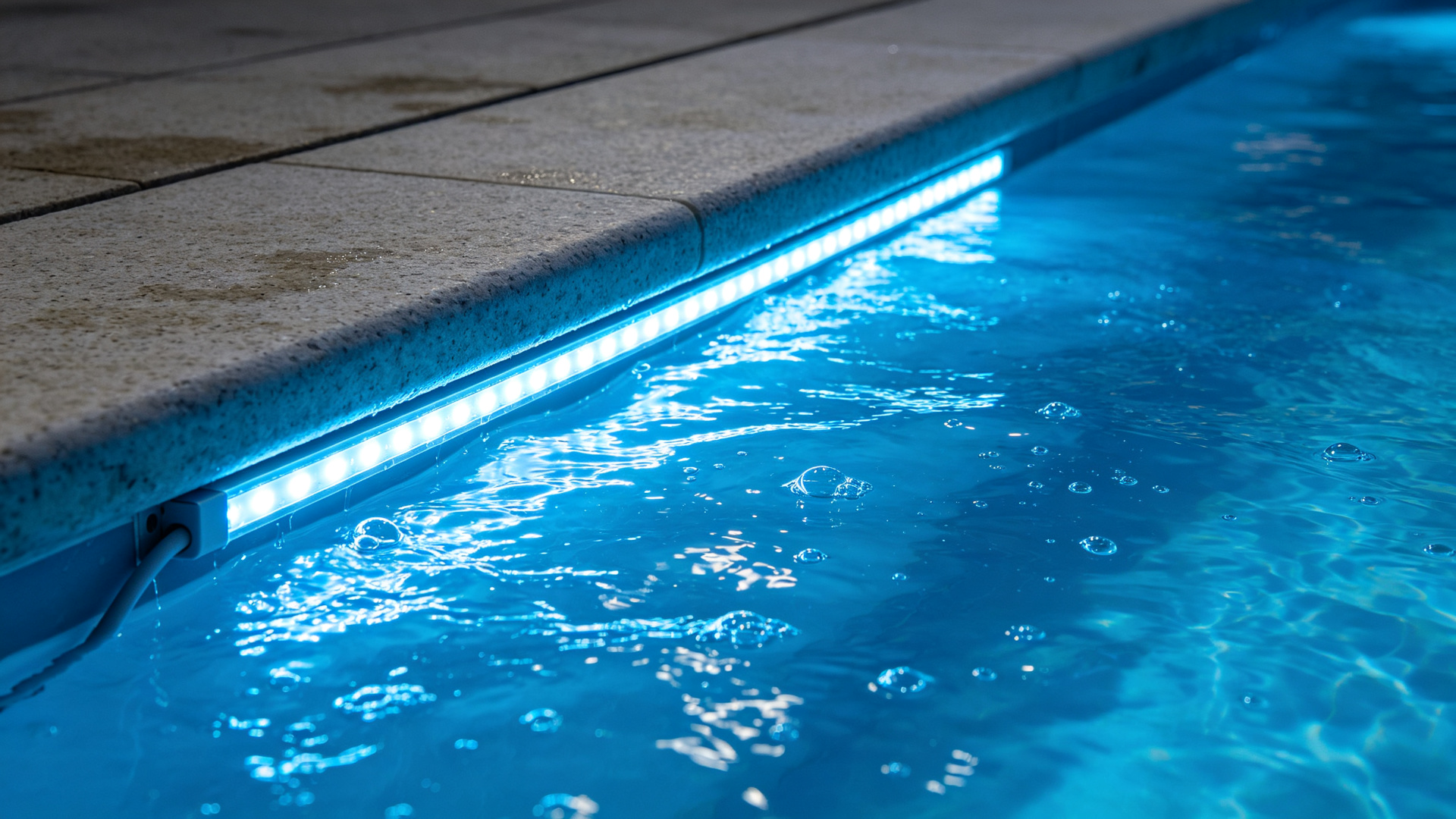 Close-up of a sealed IP68 silicone LED strip under a pool coping edge glowing blue through clear rippling water
