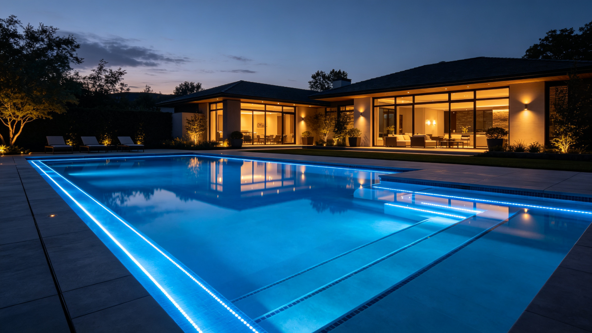 Luxury residential swimming pool at night glowing blue from an LED strip tracing the waterline
