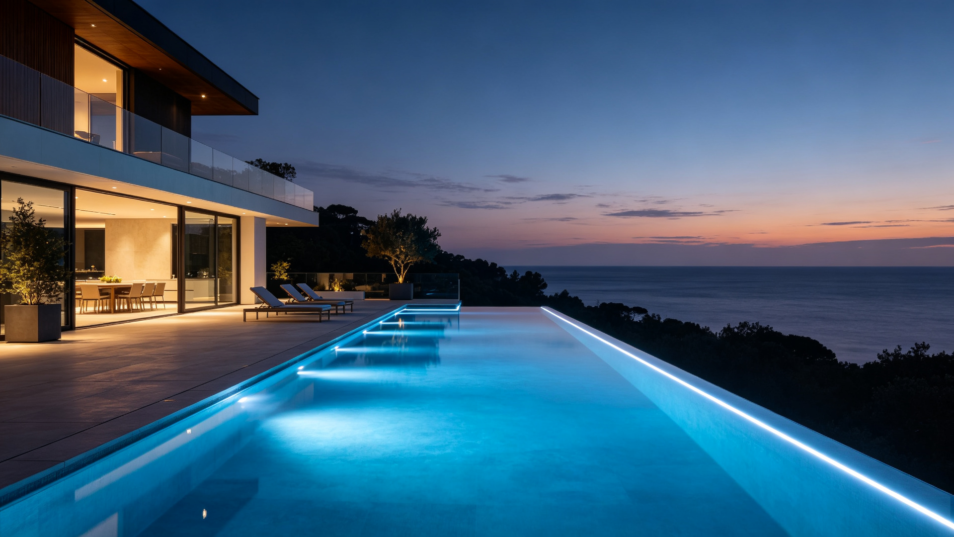 Infinity edge pool at dusk with a continuous LED strip tracing the overflow edge