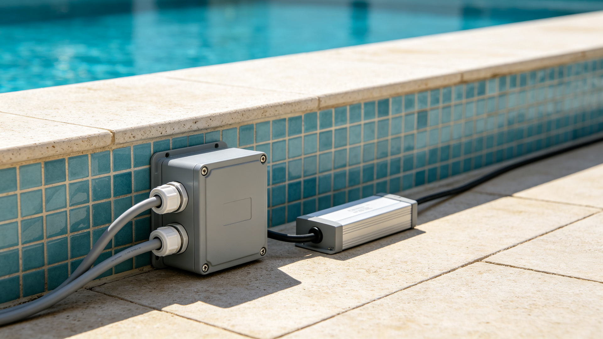 Waterproof junction box with sealed cable glands and waterproof driver beside a pool wall