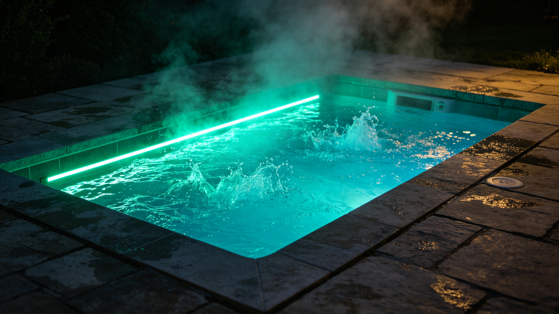 Raised spa with RGB underwater LED strip glowing teal through splashing water