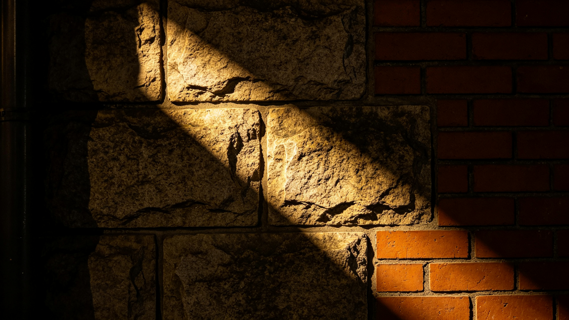 Close-up of wall grazing creating deep raked shadows on natural stone