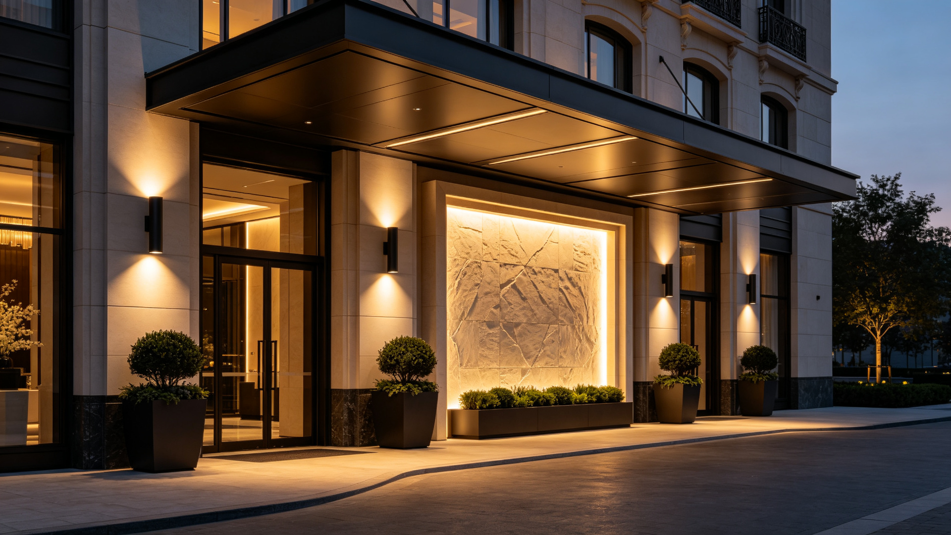 Luxury hotel entrance with architectural wall washer lighting on the feature wall