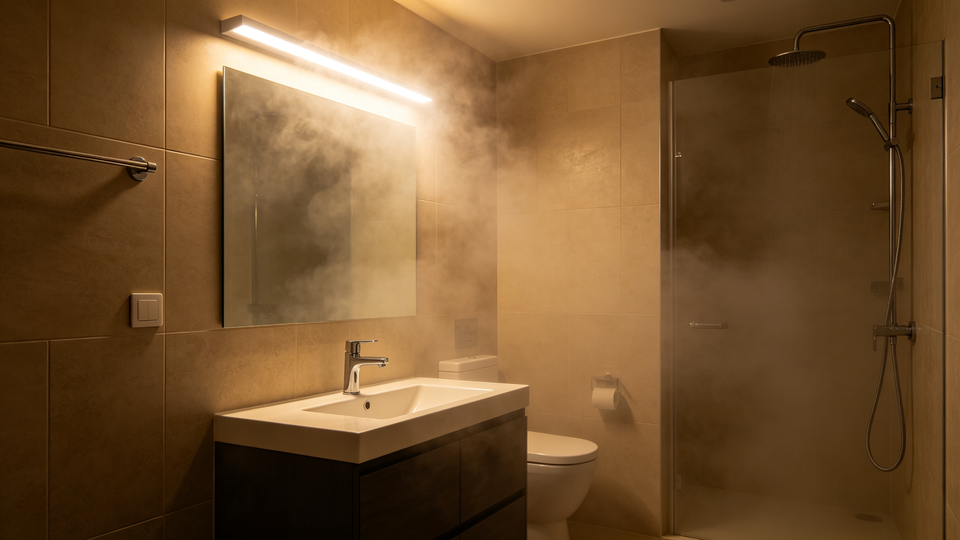 Steamy bathroom with waterproof IP67 LED strip mirror lighting