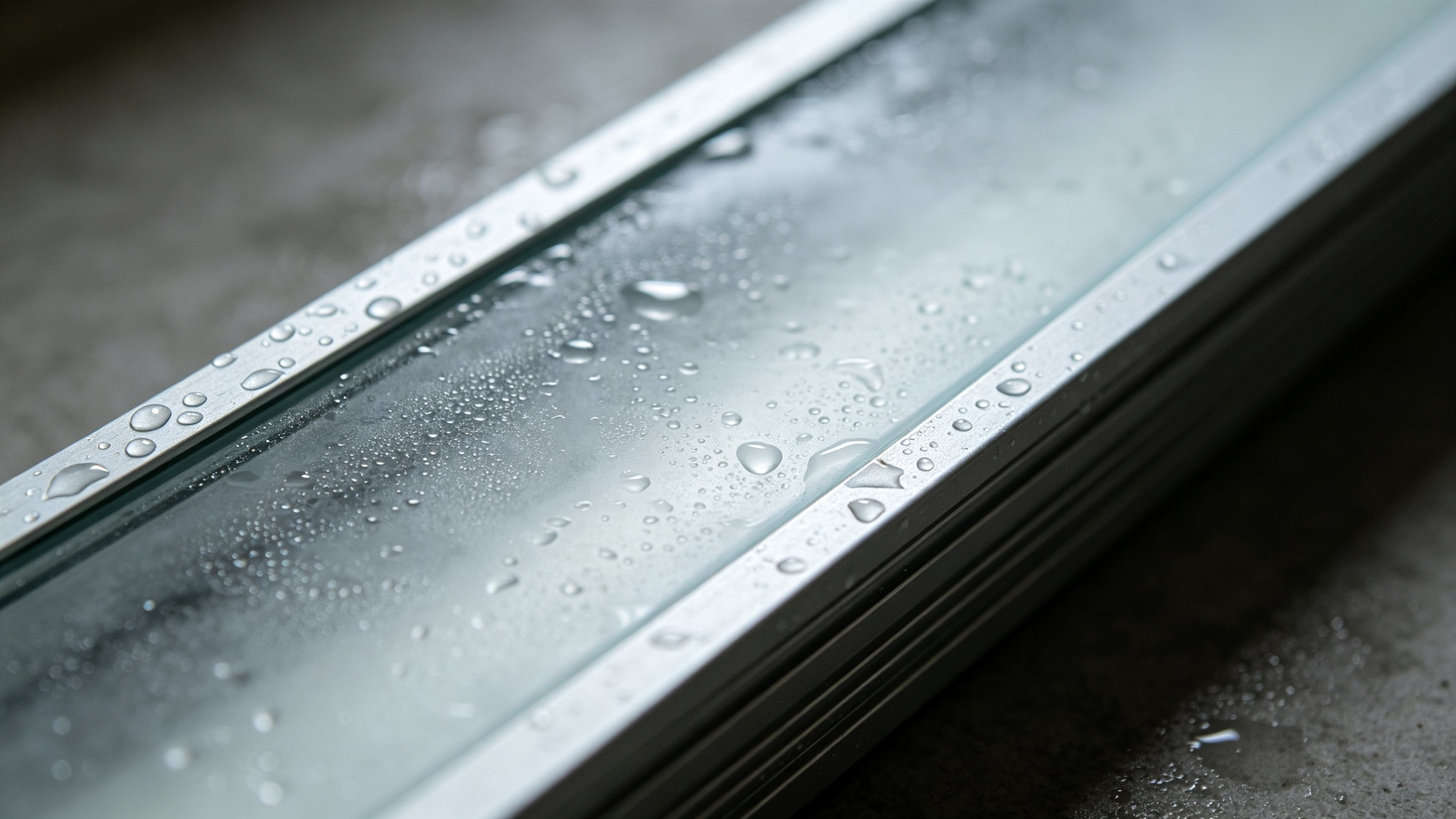 Close-up of condensation water droplets inside a sealed LED aluminum channel housing