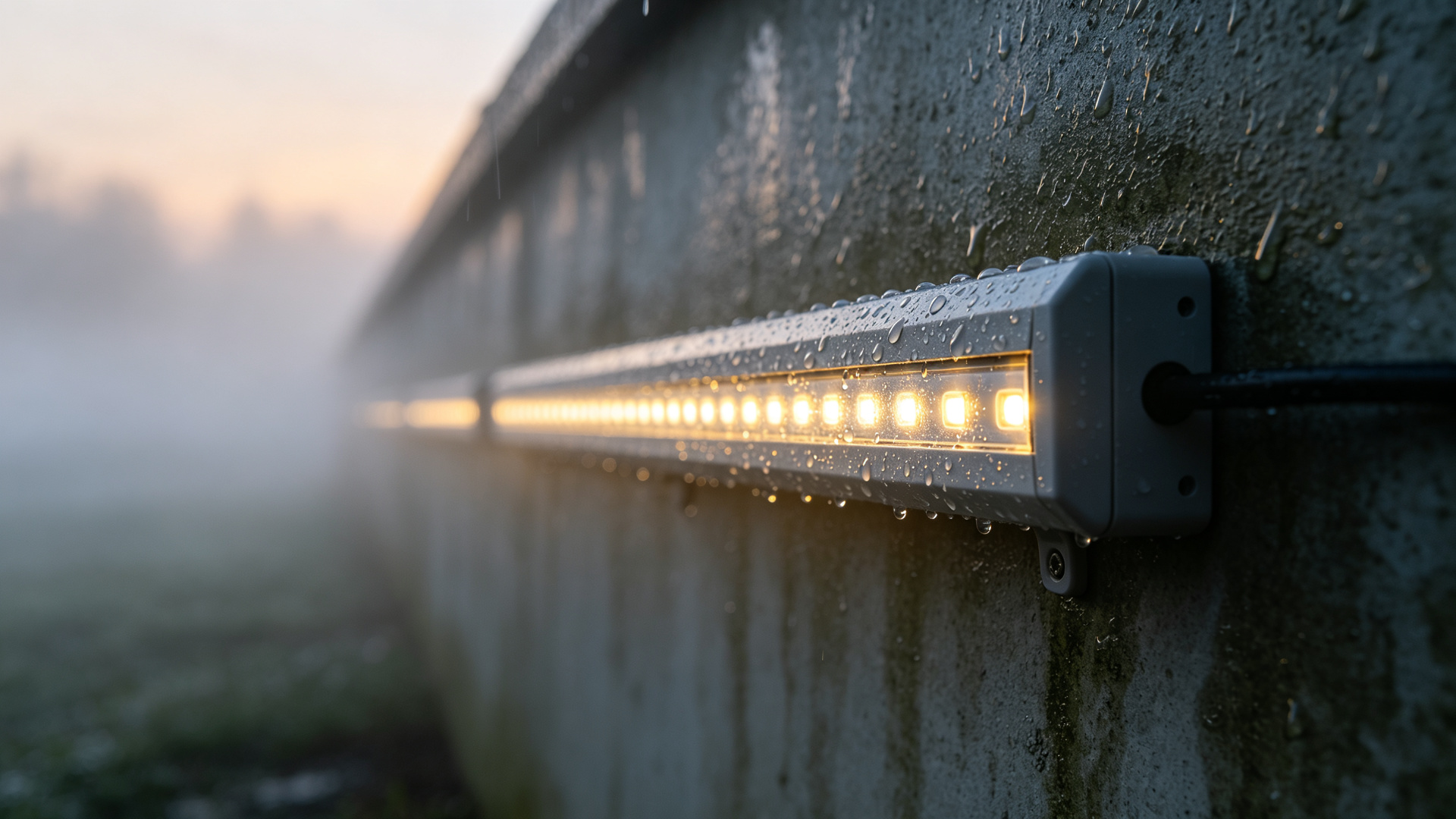 Misty humid morning with an outdoor LED strip on a damp wall with condensation droplets