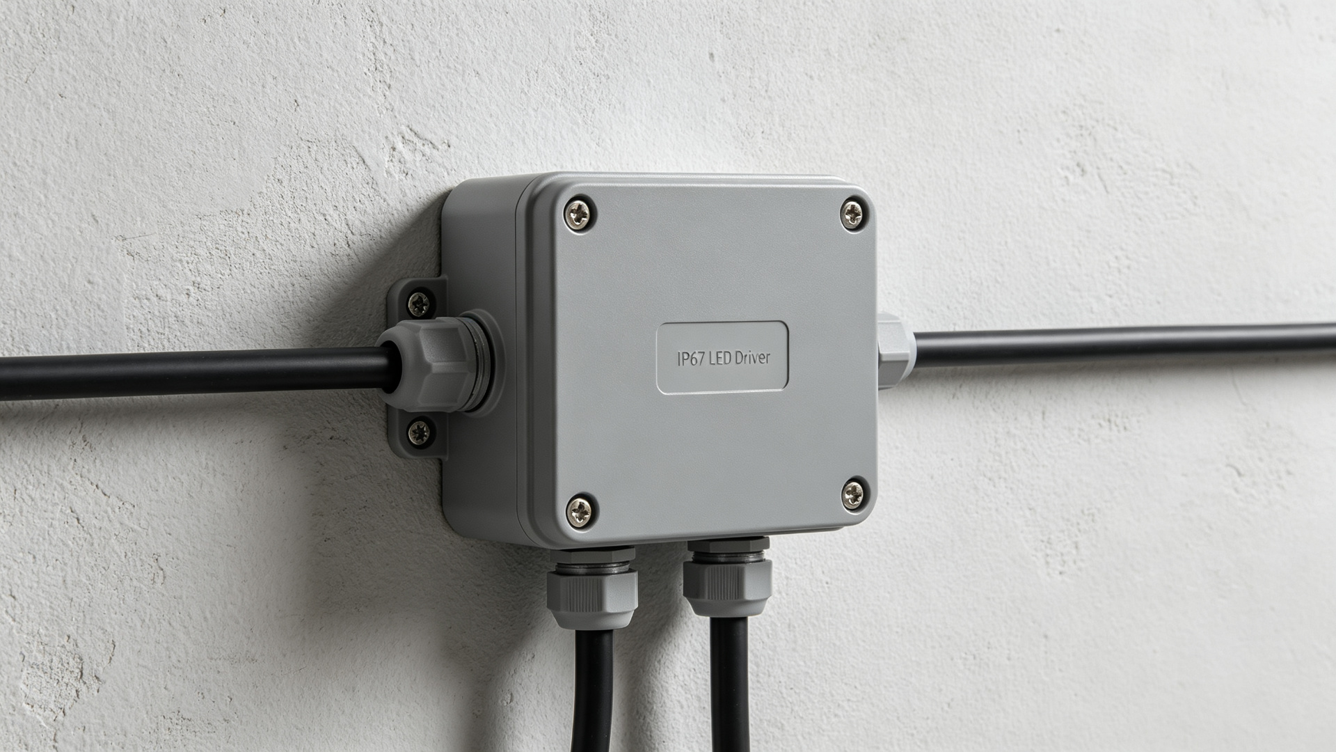 Waterproof IP67 LED driver in a gray weatherproof junction box with cable glands