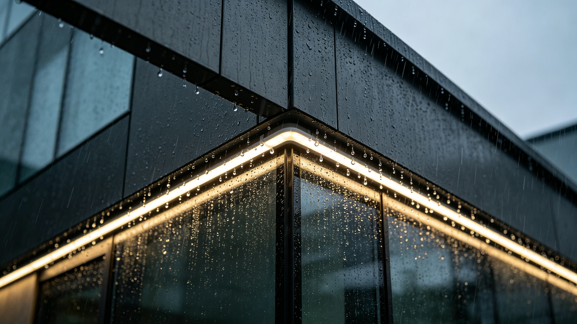 Rainy modern facade with water droplets beading on a silicone extrusion LED strip
