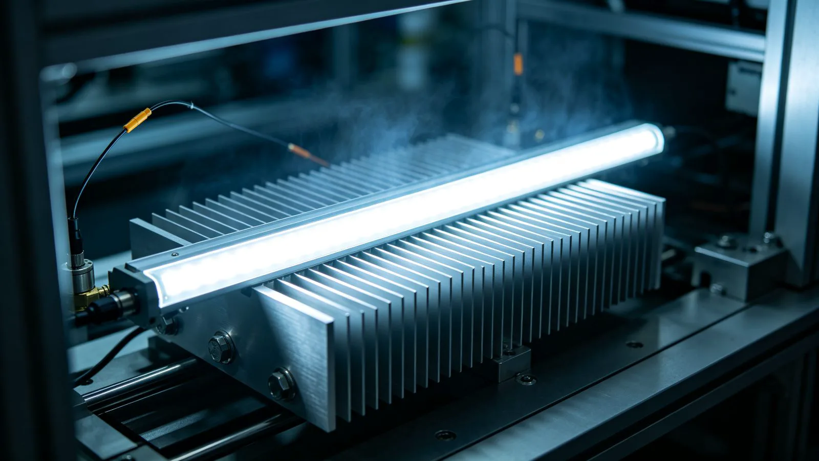 LED strip on an aluminum heat sink undergoing thermal lifetime testing in a lab