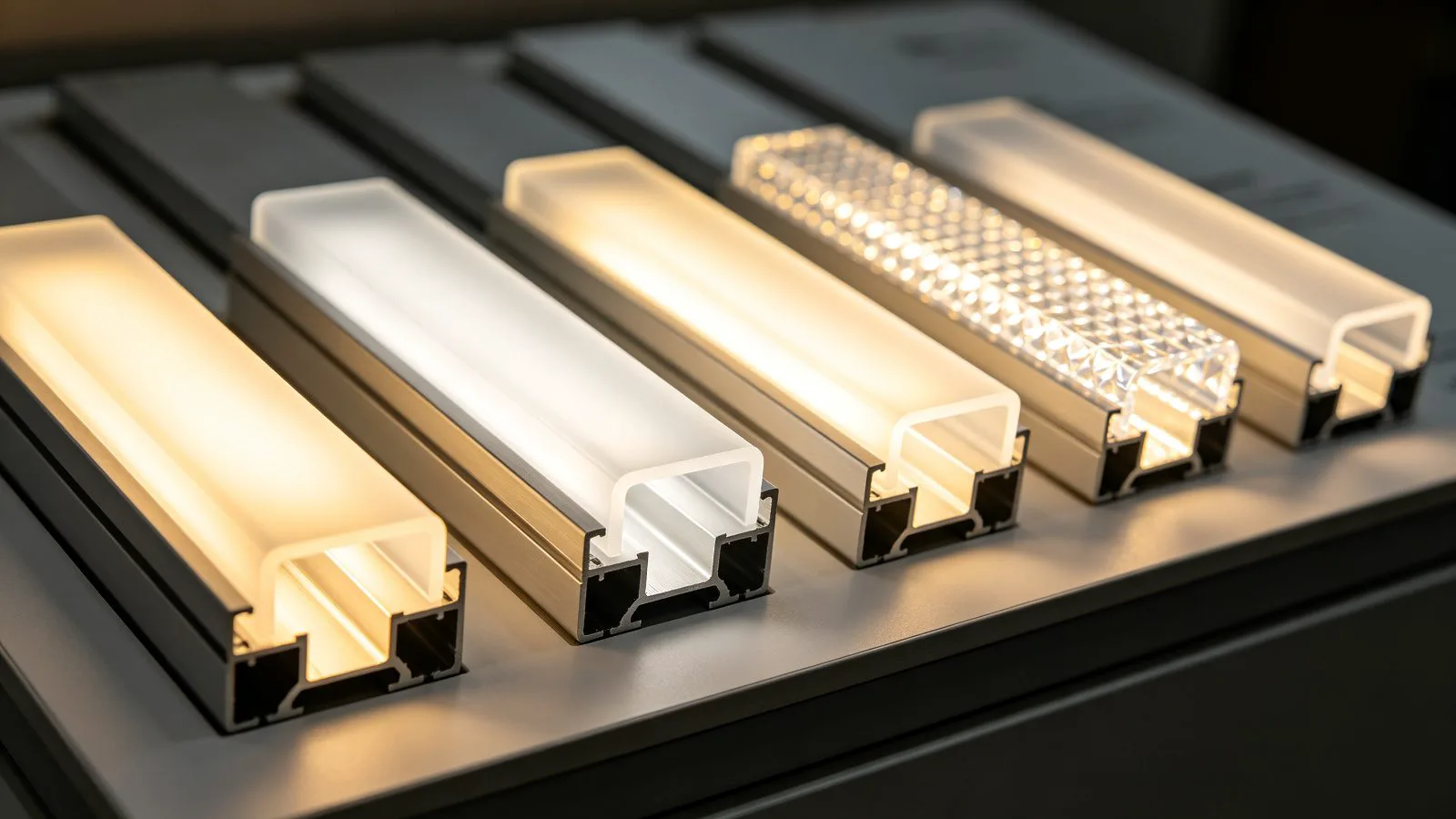 Assortment of aluminum LED channels with opal, clear and prismatic diffusers