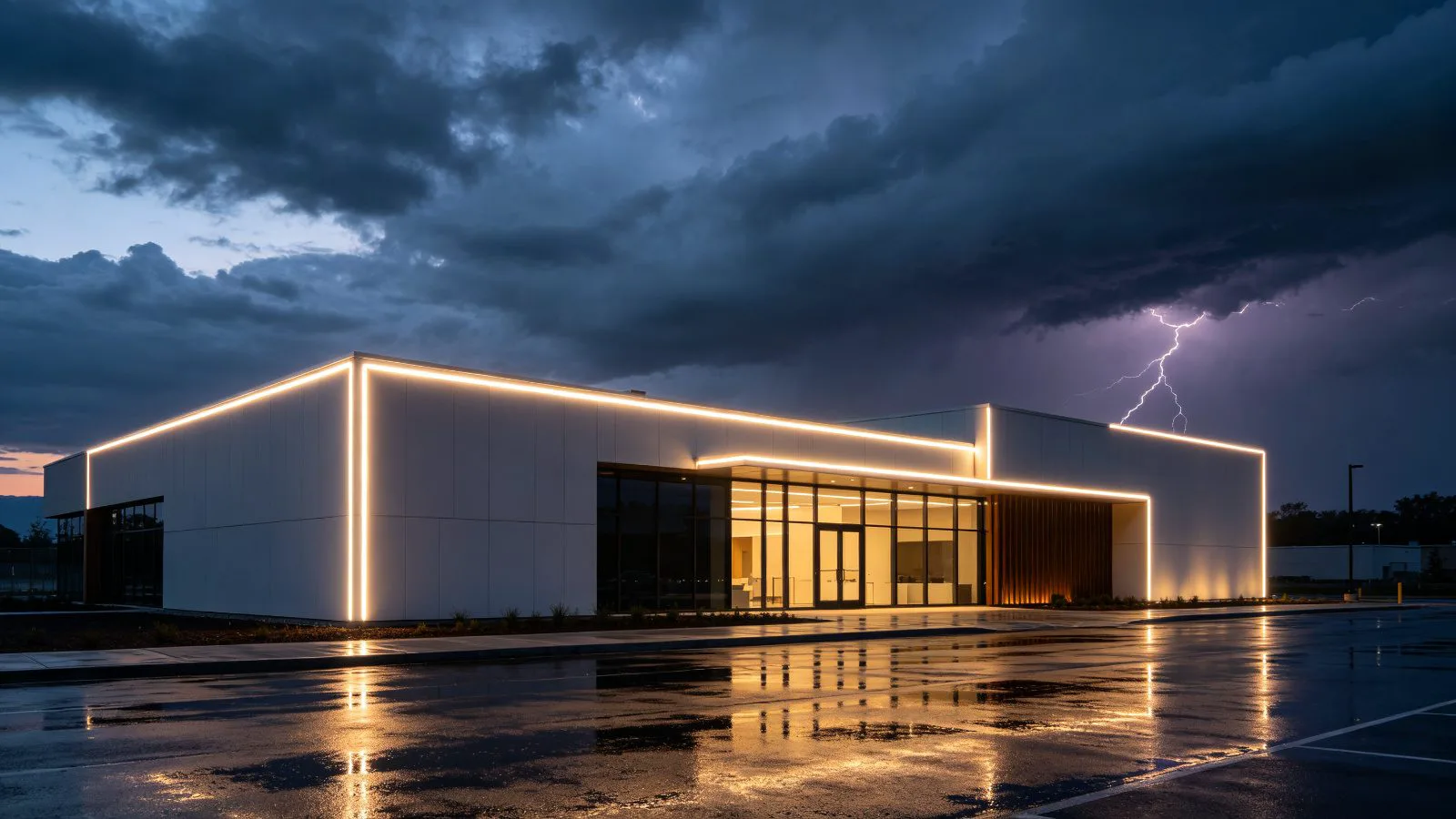 Building facade LED strip lighting during a lightning storm at night