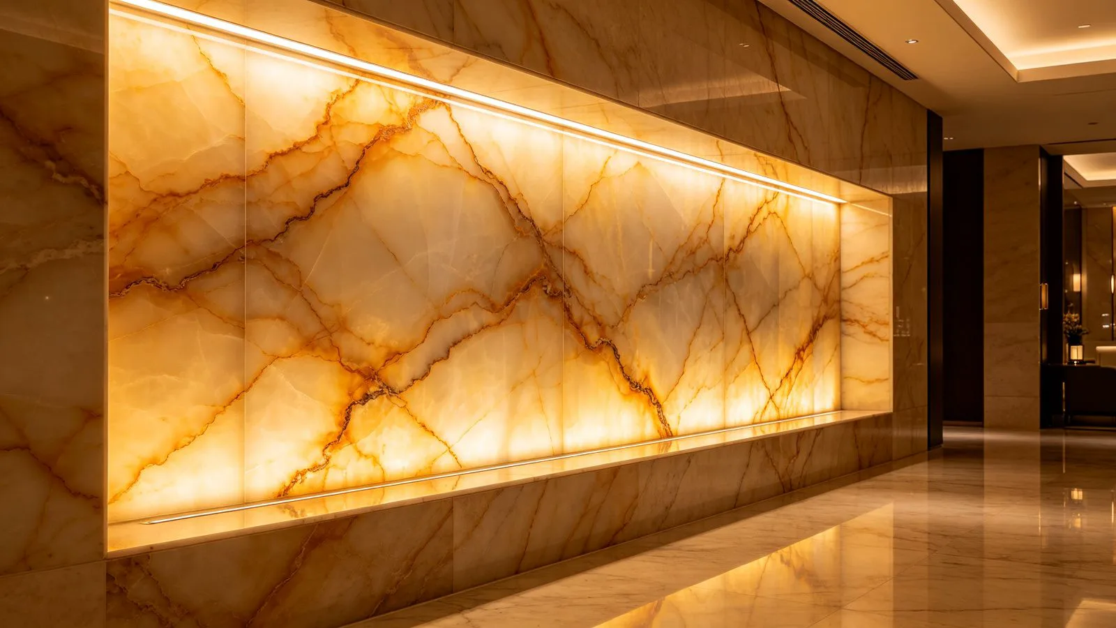 Backlit onyx feature wall glowing evenly with LED strip lighting behind the stone
