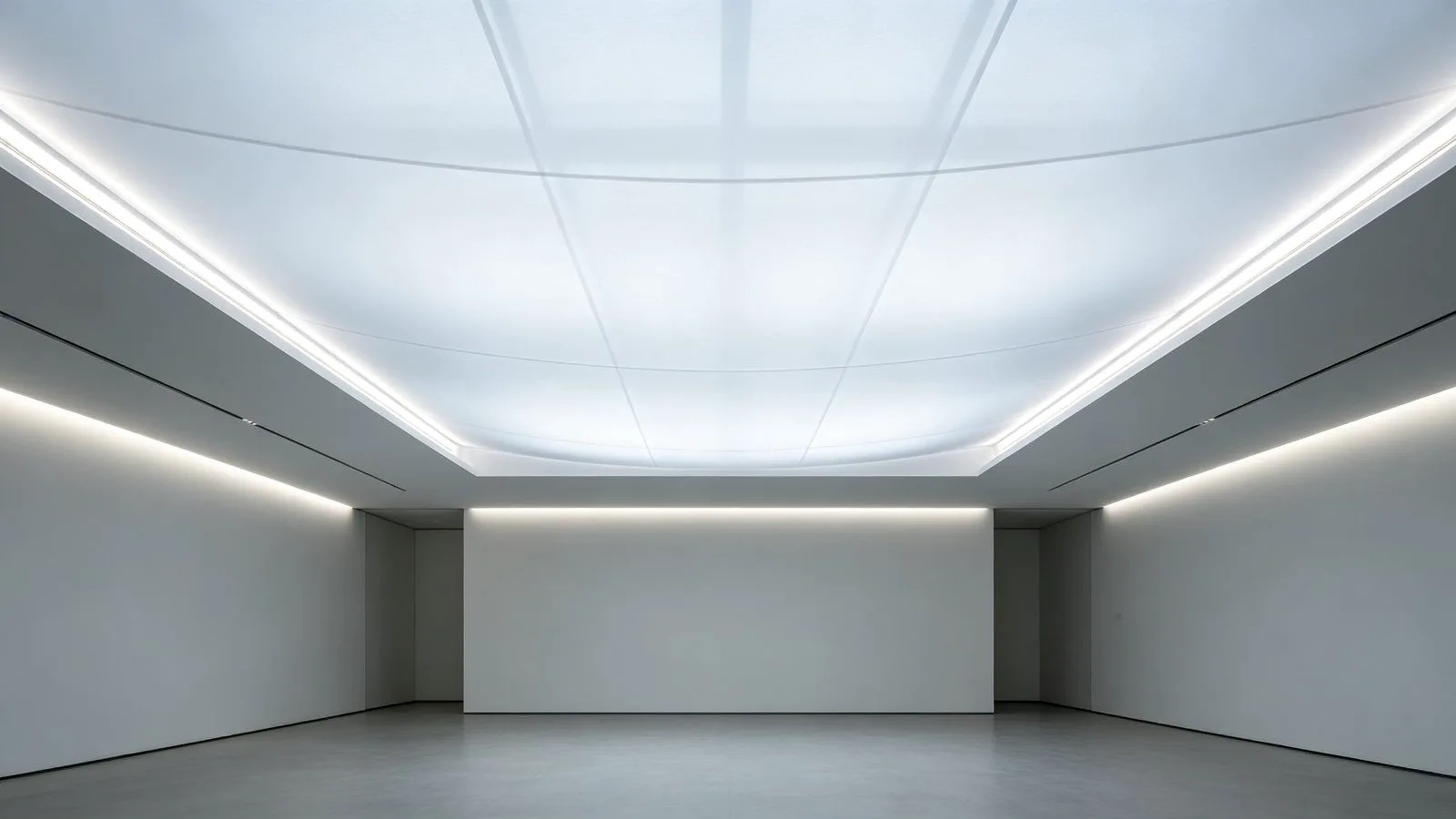 Evenly backlit translucent stretch ceiling glowing with LED strip in a modern interior