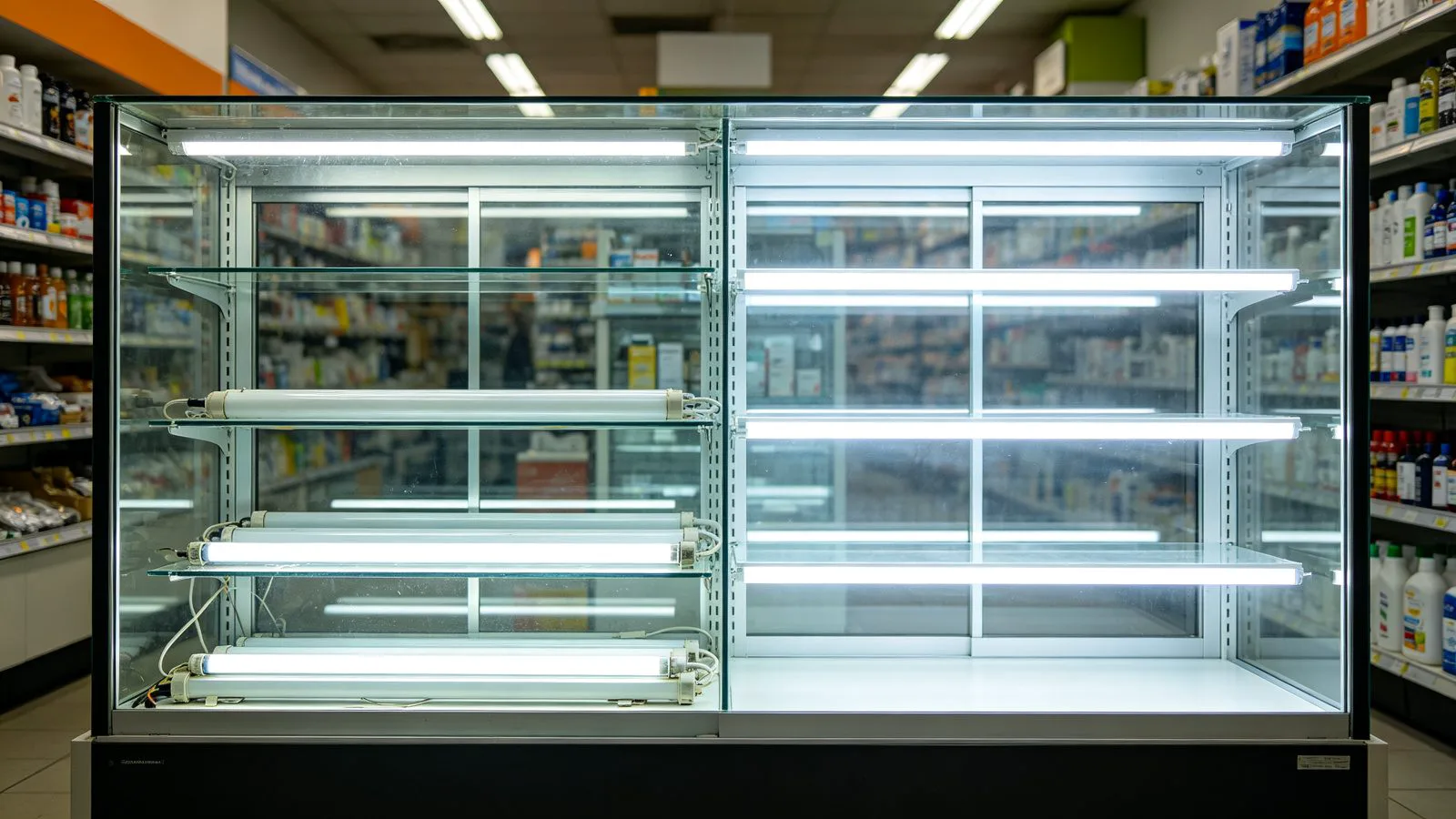 Display case retrofitted from T5 fluorescent to high-CRI LED strip lighting
