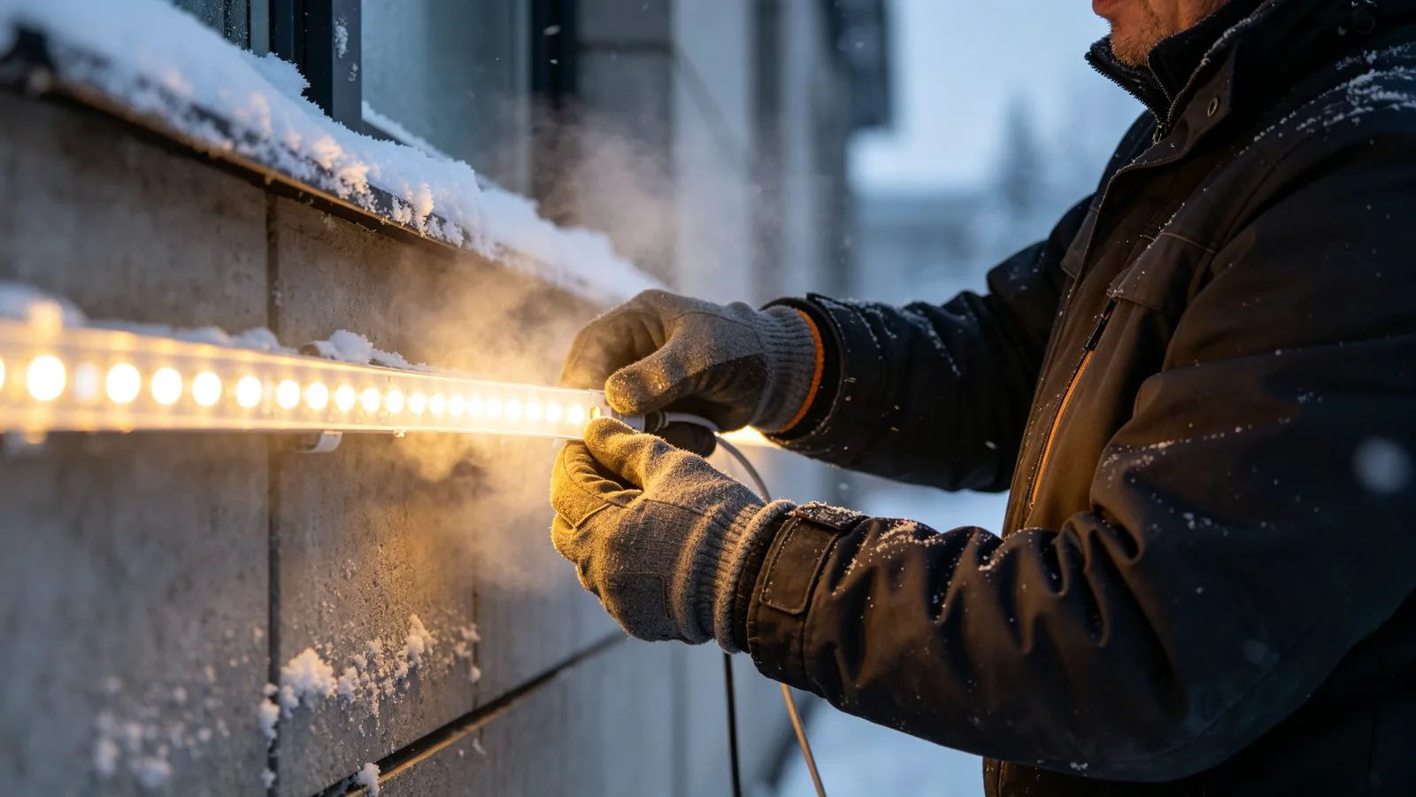 Installing LED strip in cold winter conditions with proper surface preparation